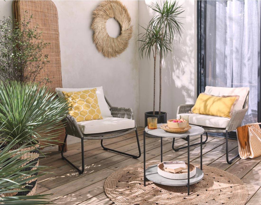 Best Mobilier - Rosane - salon bas de jardin en corde 2 places + table ciment - coussins beiges - Best Mobilier - Imagen 2