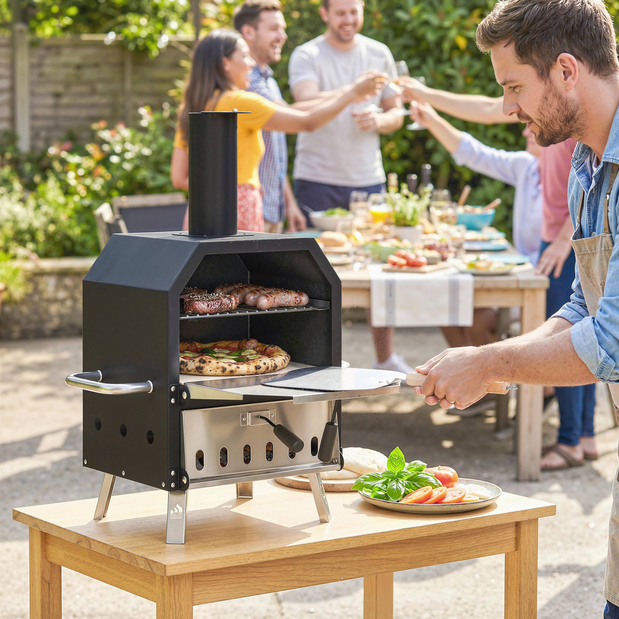 Four à Pizza Extérieur à Bois et Charbon 2 Étages Combiné Barbecue Fumoir Pierre de 30 cm et Pelle Portable Noir - Image 4