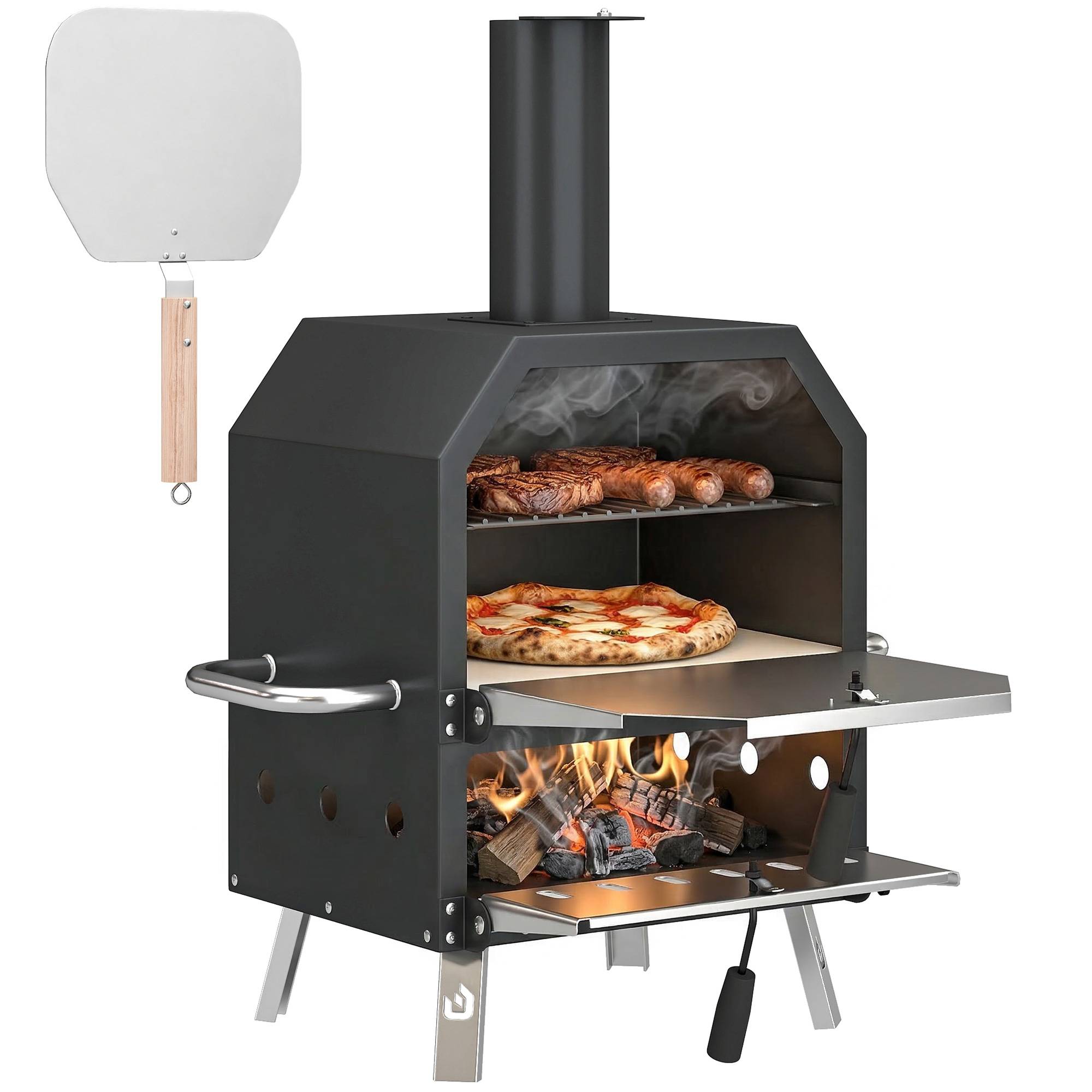 Four à Pizza Extérieur à Bois et Charbon 2 Étages Combiné Barbecue Fumoir Pierre de 30 cm et Pelle Portable Noir - Image 1