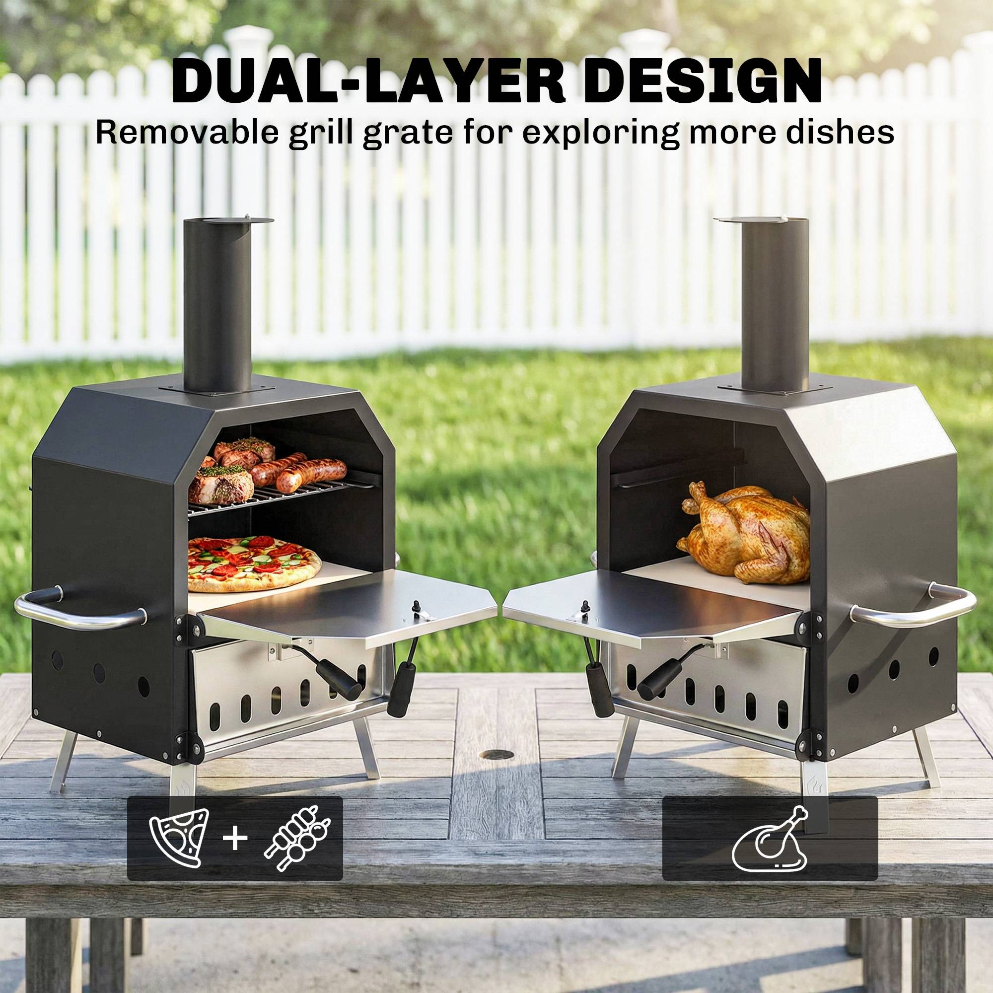 Four à Pizza Extérieur à Bois et Charbon 2 Étages Combiné Barbecue Fumoir Pierre de 30 cm et Pelle Portable Noir - Image 6
