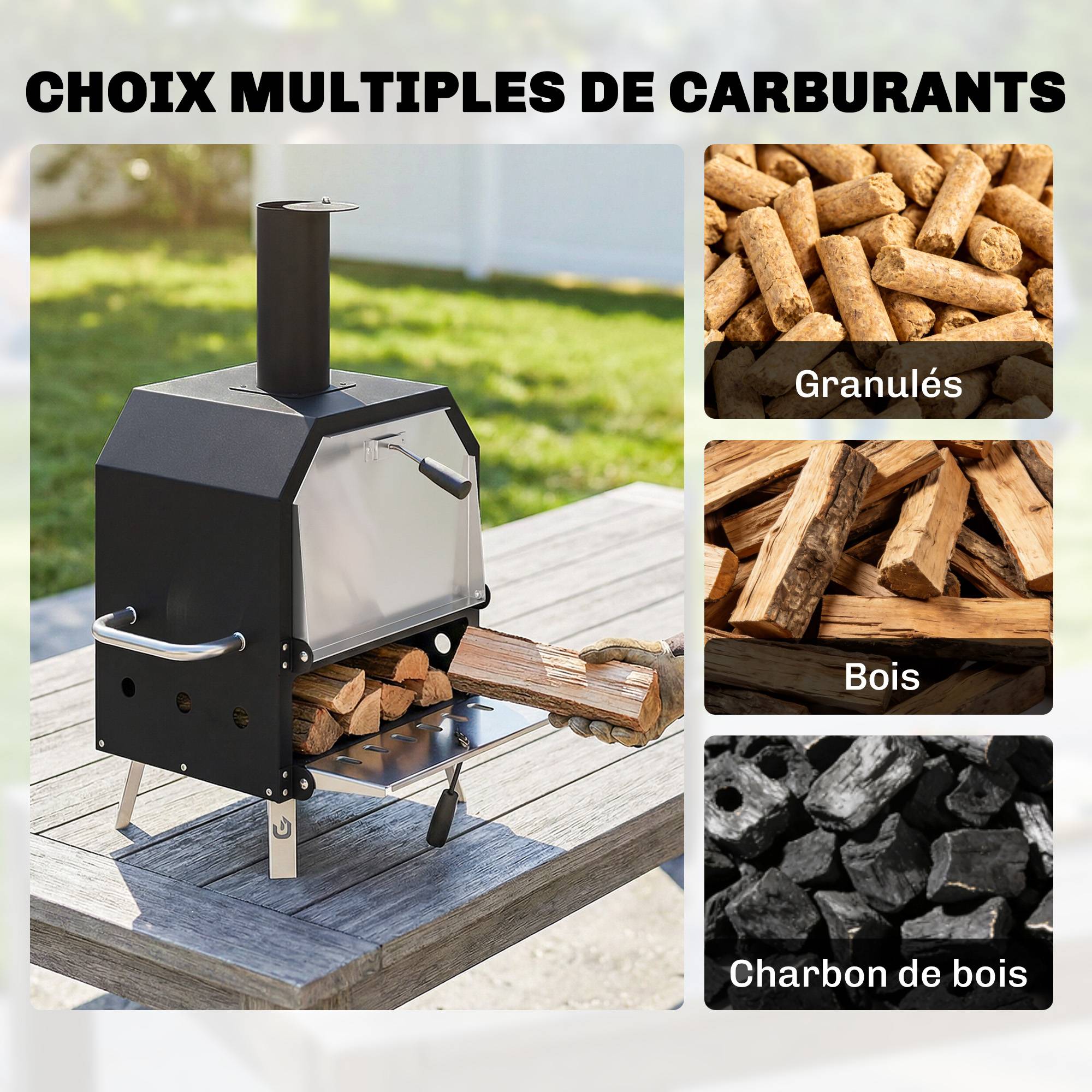 Four à Pizza Extérieur à Bois et Charbon 2 Étages Combiné Barbecue Fumoir Pierre de 30 cm et Pelle Portable Noir - Image 7