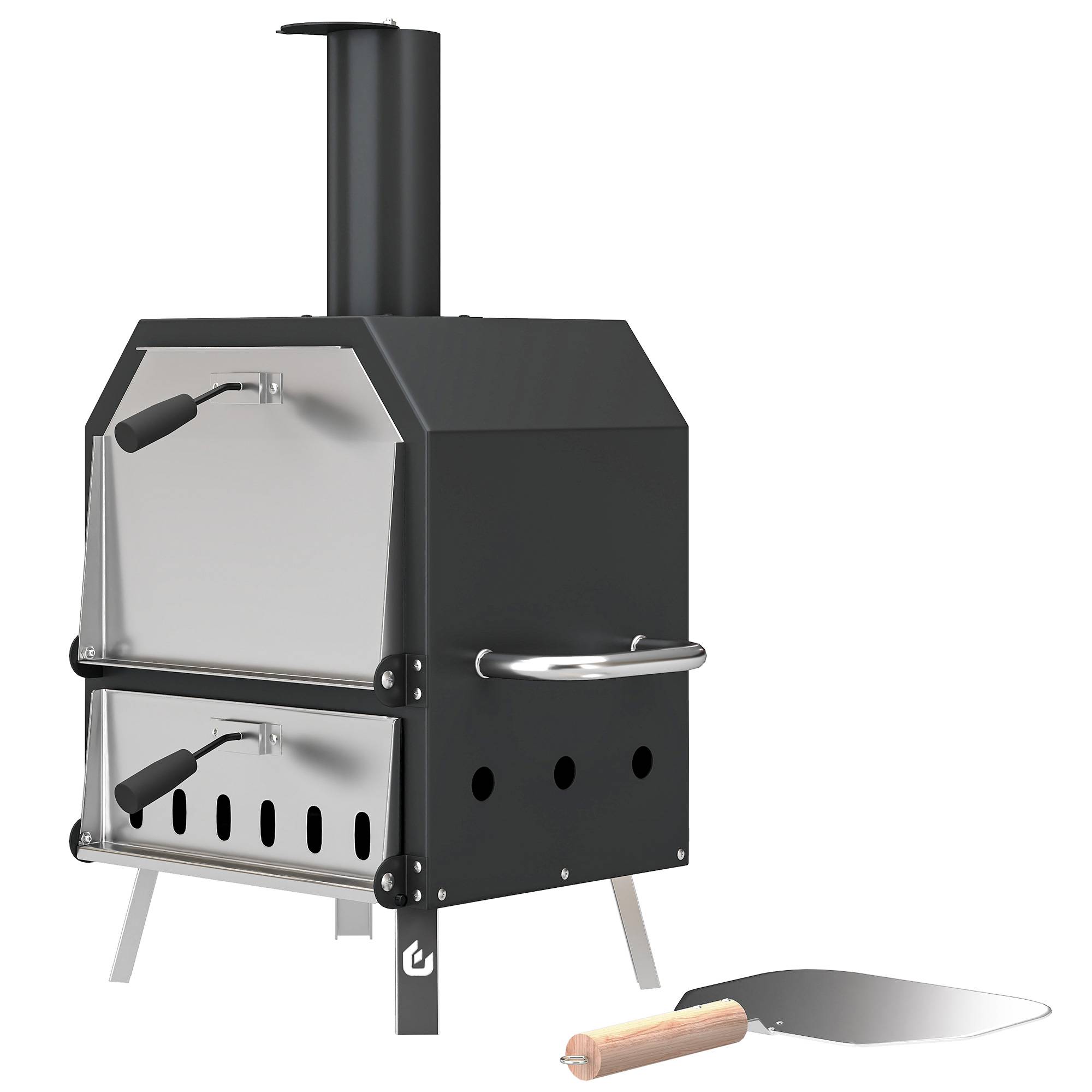 Four à Pizza Extérieur à Bois et Charbon 2 Étages Combiné Barbecue Fumoir Pierre de 30 cm et Pelle Portable Noir - Image 2