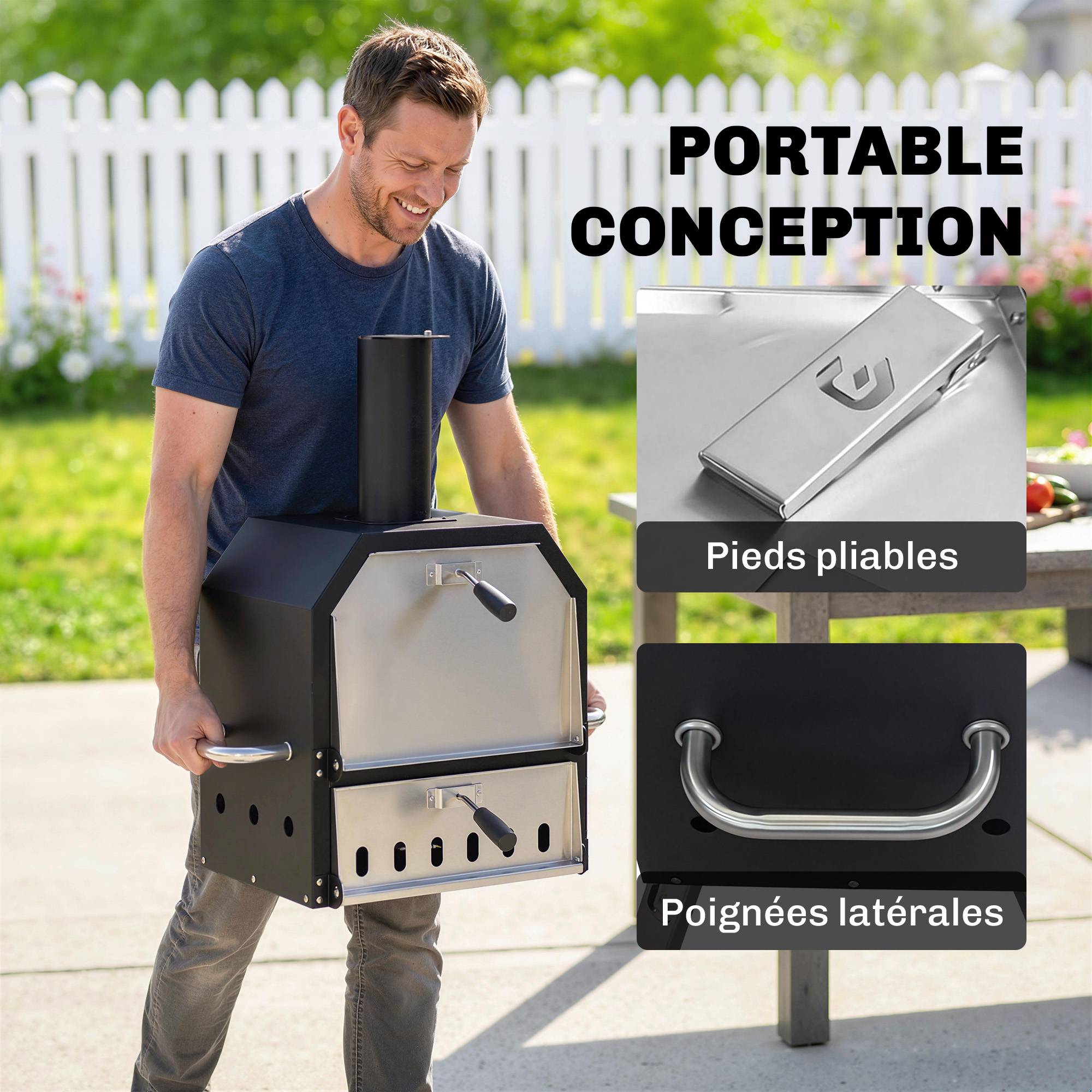 Four à Pizza Extérieur à Bois et Charbon 2 Étages Combiné Barbecue Fumoir Pierre de 30 cm et Pelle Portable Noir - Image 9