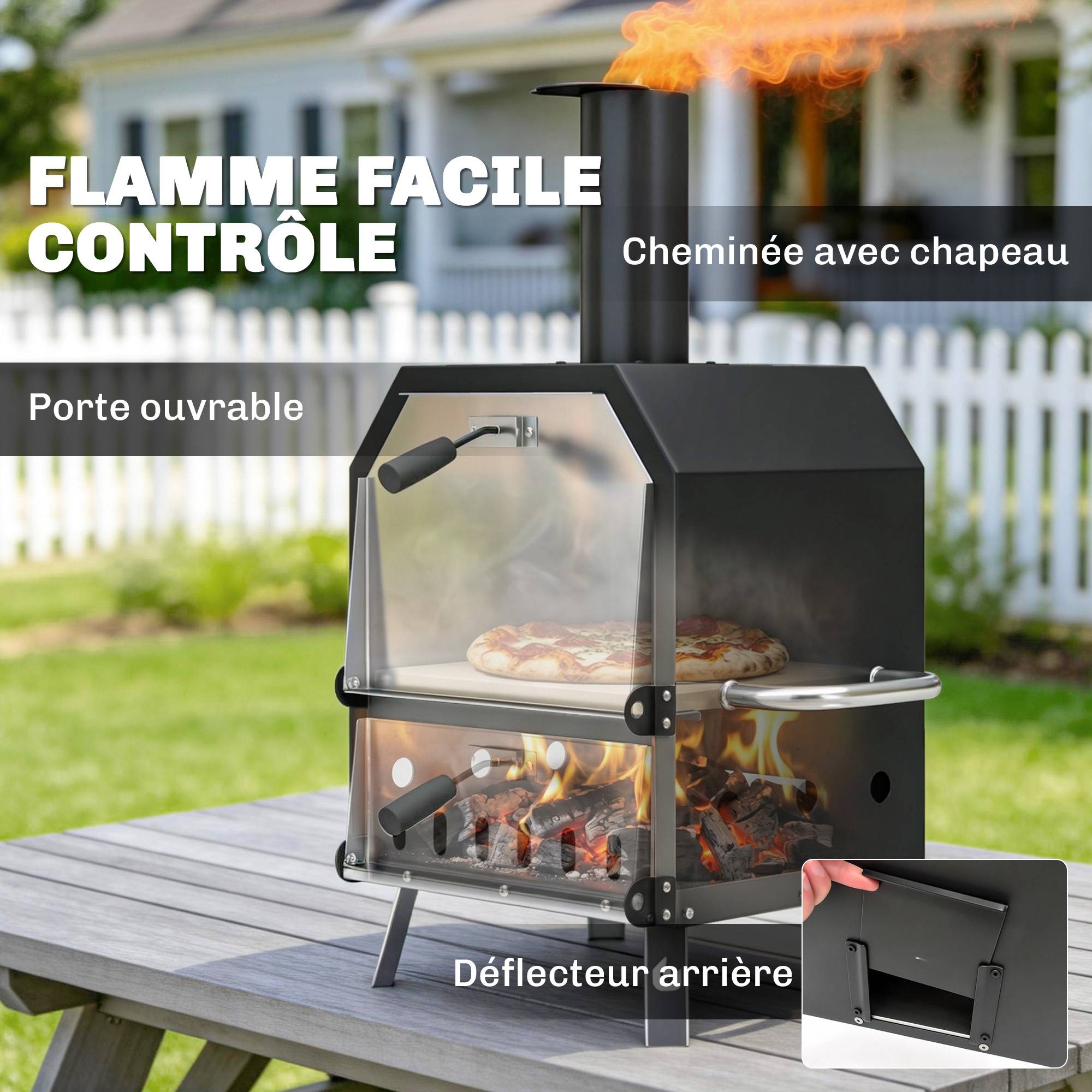 Four à Pizza Extérieur à Bois et Charbon 2 Étages Combiné Barbecue Fumoir Pierre de 30 cm et Pelle Portable Noir - Image 8