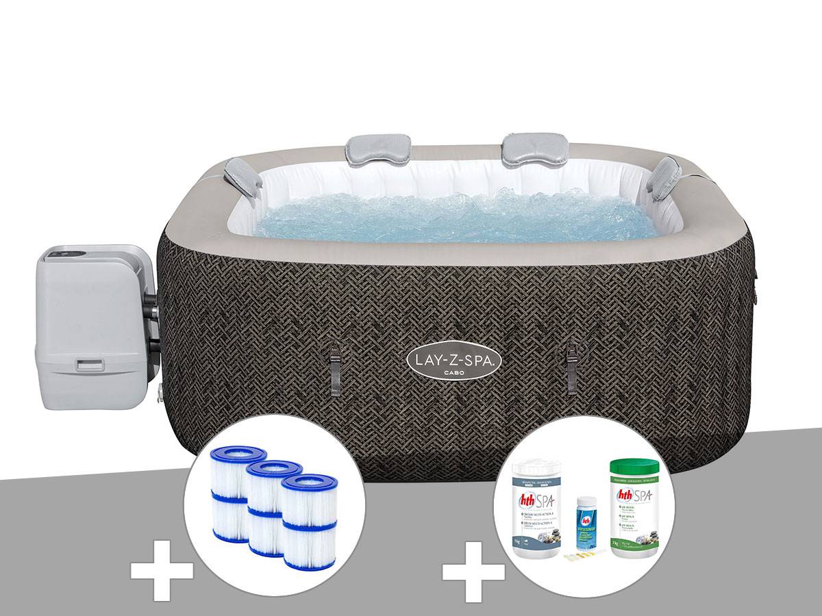 Bestway - Kit spa gonflable Bestway Lay-Z-Spa Cabo carré Hydrojet 4/6 places + 6 filtres + Kit de traitement au brome