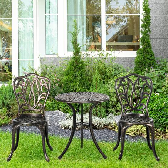 Ensemble Salon de Jardin 2 Places 2 chaises + Table Ronde style charme rétro en fonte d'aluminium, bronze - Image 3