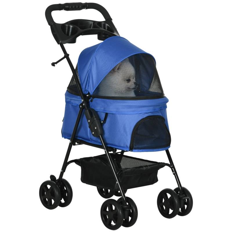 Poussette animaux pliable petits chiens et chats 67 x 45 x 96 cm métal tissu oxford bleu - PANGIVO