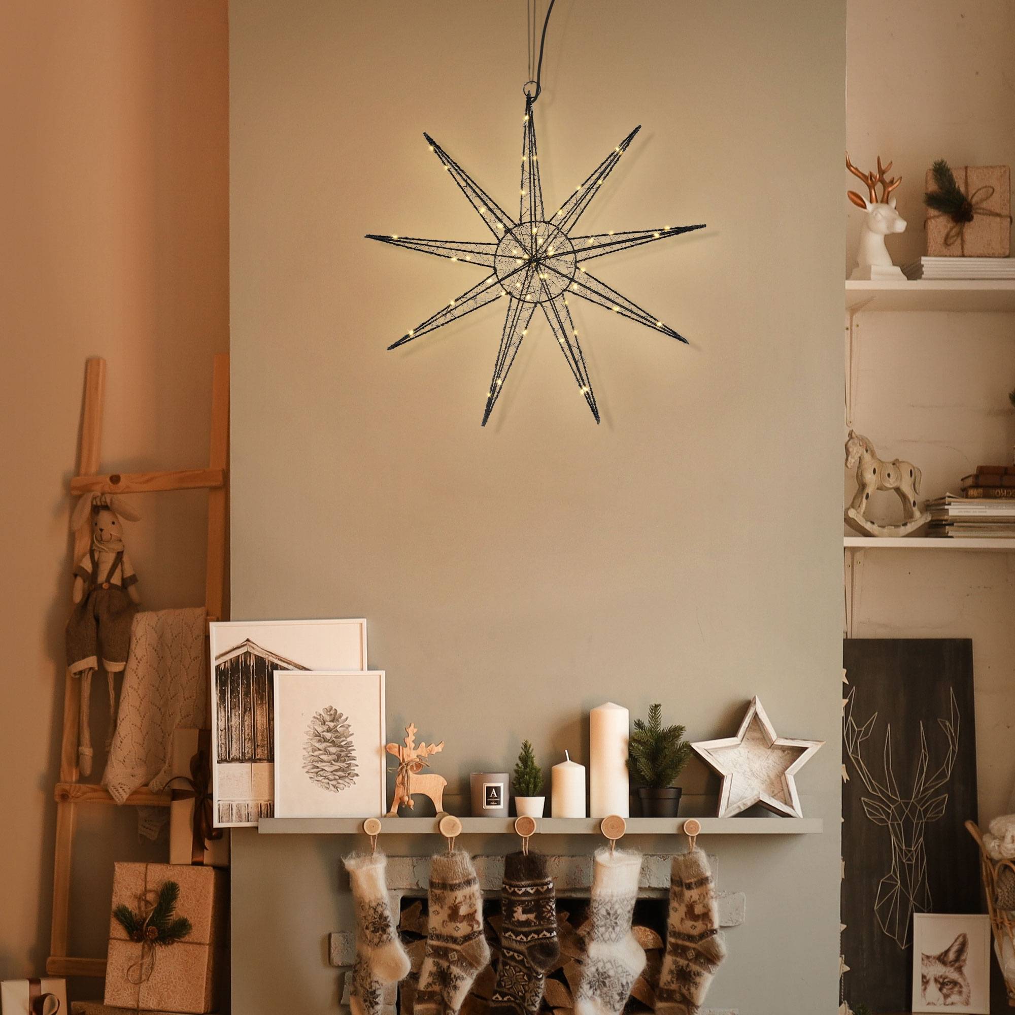 Ecd-Germany - Étoile lumineuse décoration de Noël métallique noir 50 cm minuterie avec 50 LED - Imagen 8