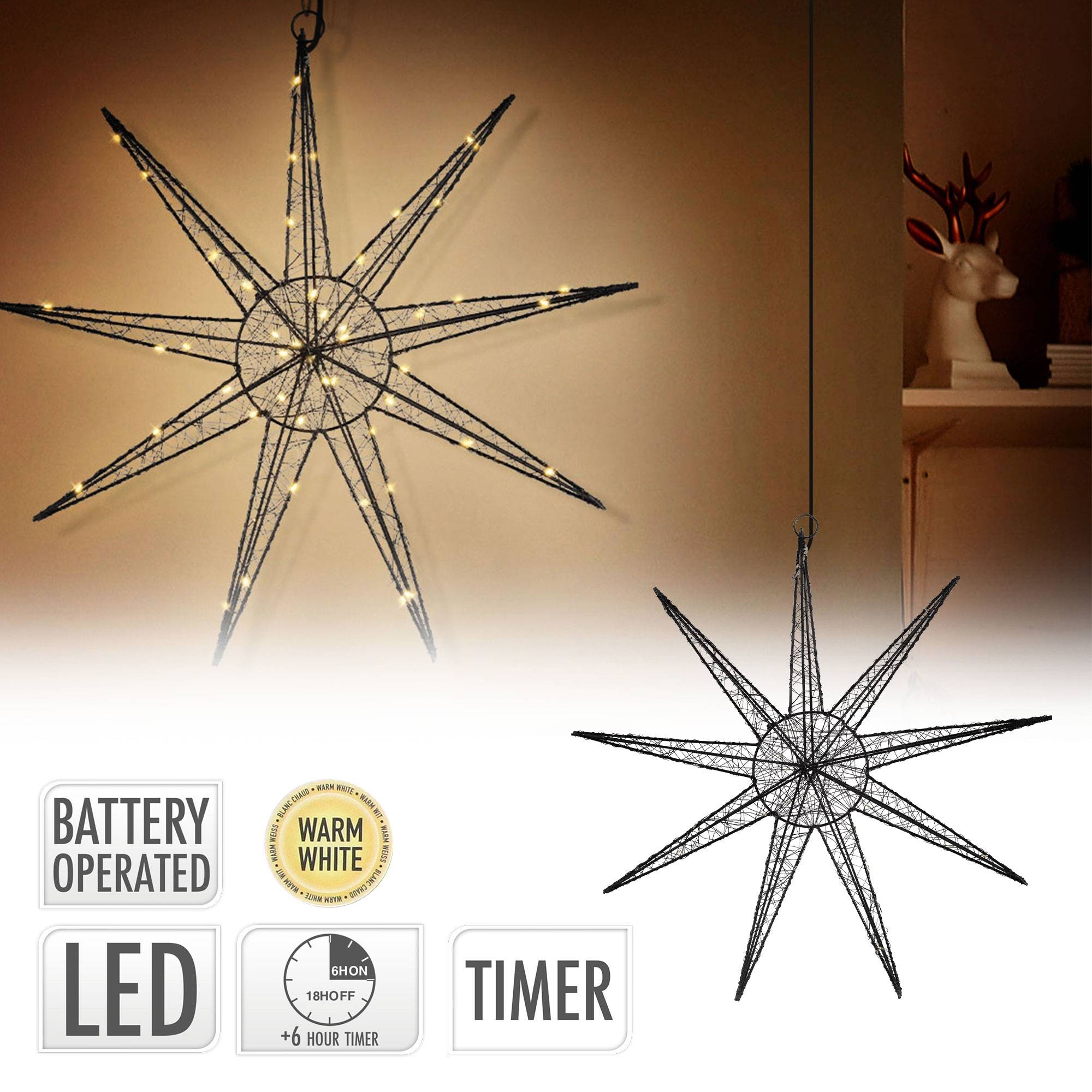 Ecd-Germany - Étoile lumineuse décoration de Noël métallique noir 50 cm minuterie avec 50 LED - Imagen 2