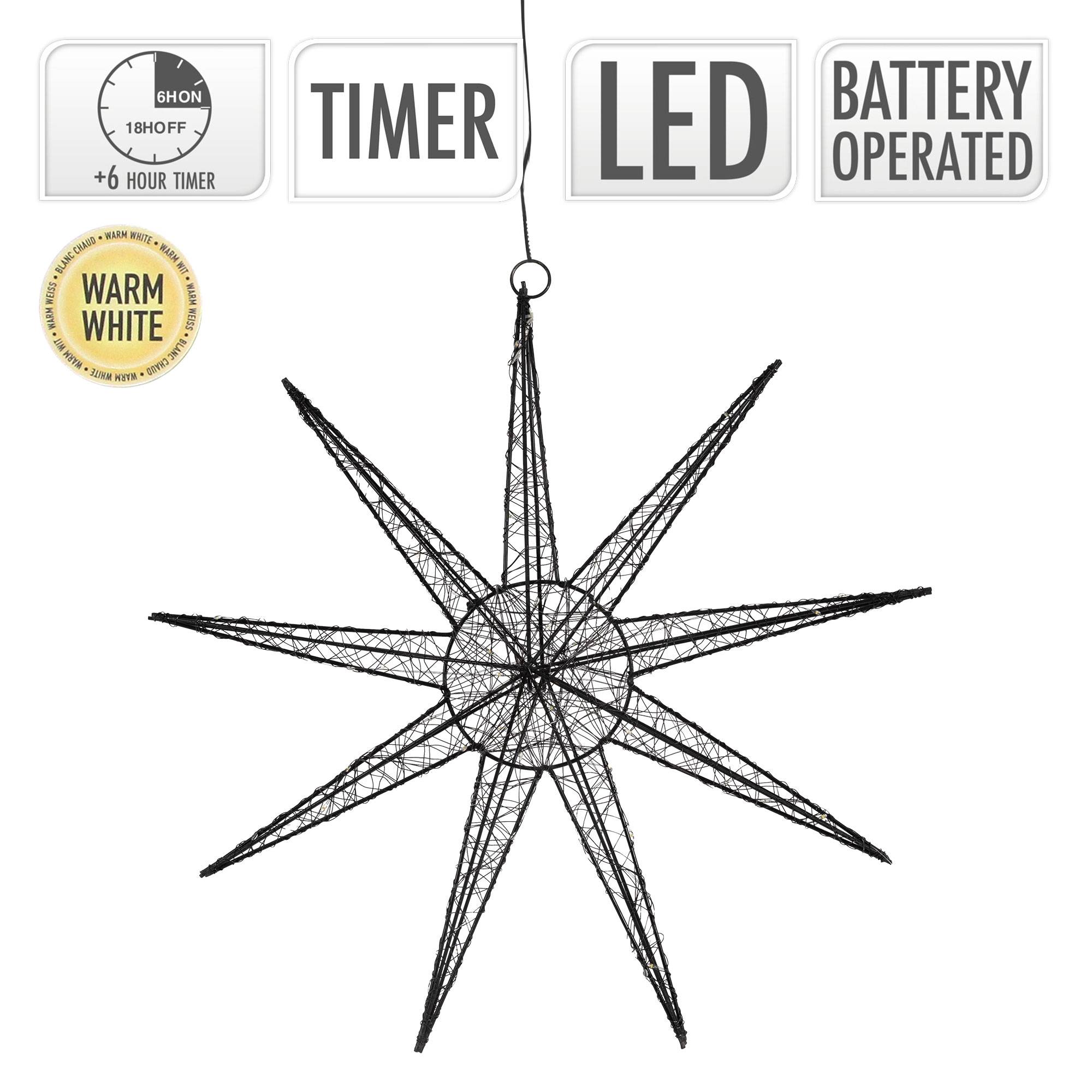 Ecd-Germany - Étoile lumineuse décoration de Noël métallique noir 50 cm minuterie avec 50 LED - Imagen 4