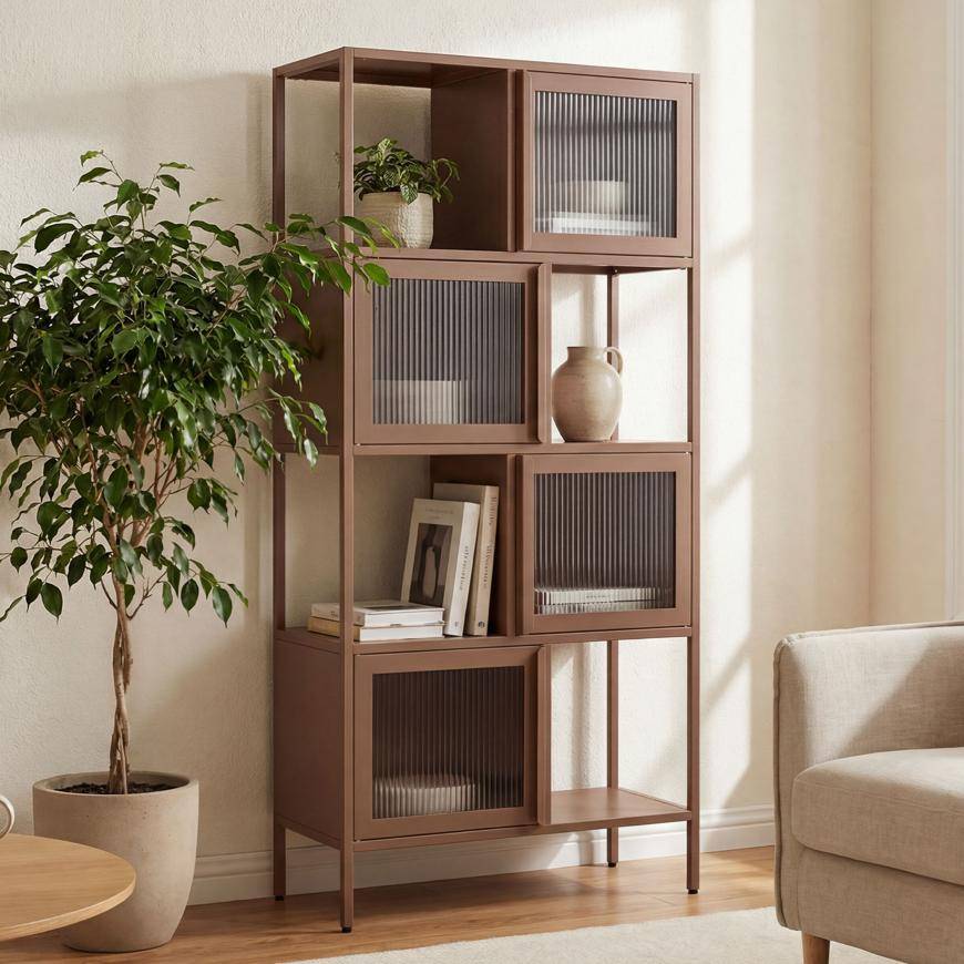 Sicaan Etagère industrielle H.170 cm 4 portes 4 niches marron et verre cannelé KIARA