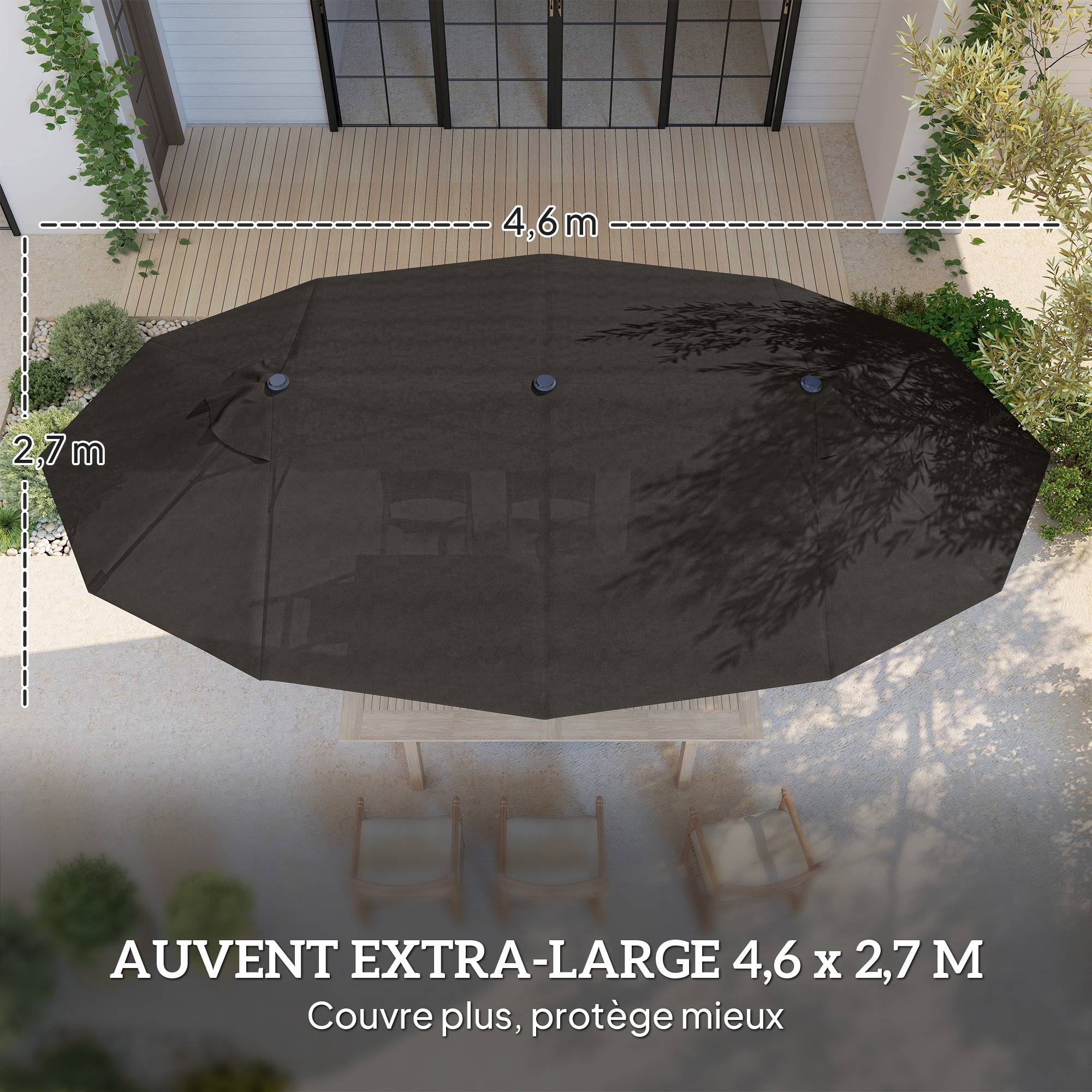Parasol de jardin parasol double rectangulaire 4,6x2,7x2,4m - toile 180 g/m² Acier Gris fr142 - Image 6