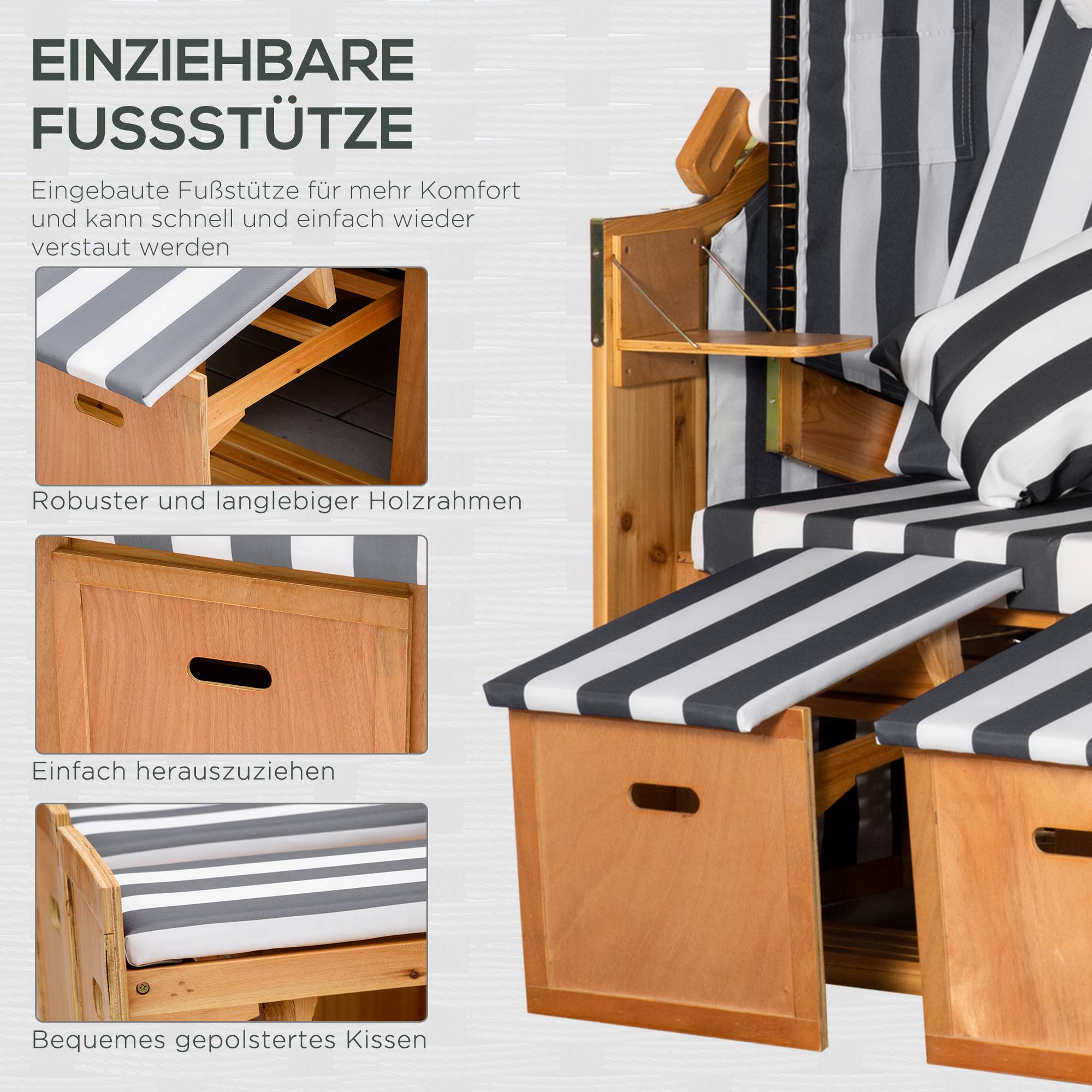ComfortXL - Fauteuil de plage 2 places bois résine tressée gris blanc avec repose-pieds tables et dossier inclinable - Image 7