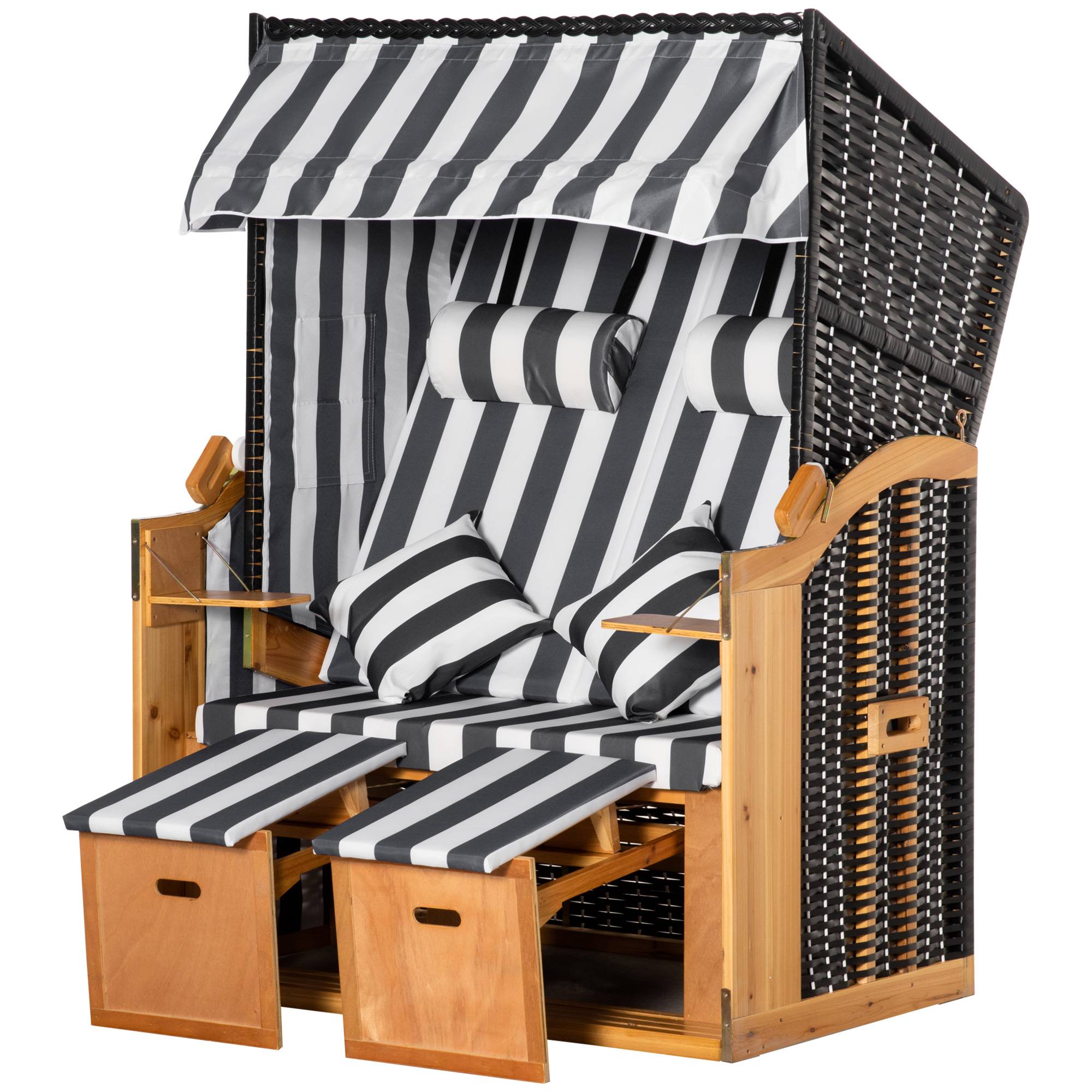 ComfortXL - Fauteuil de plage 2 places bois résine tressée gris blanc avec repose-pieds tables et dossier inclinable - Image 2