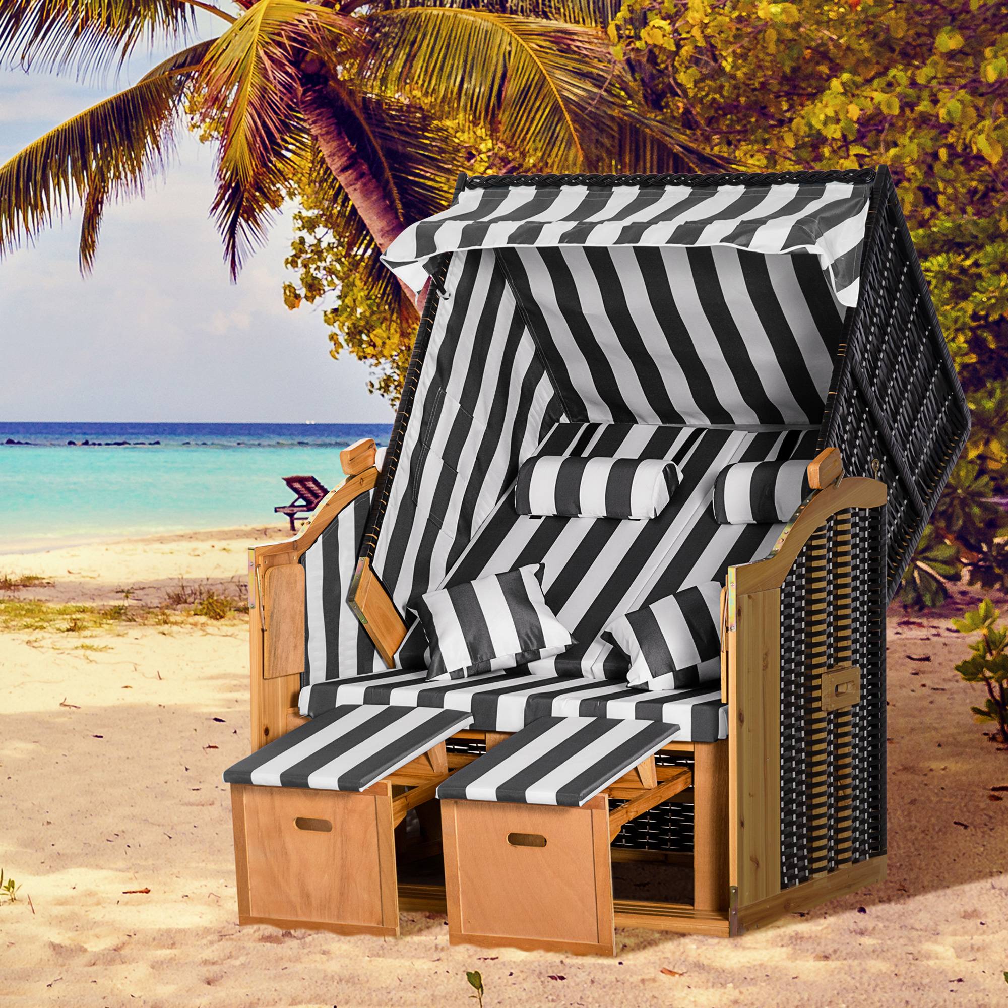 ComfortXL - Fauteuil de plage 2 places bois résine tressée gris blanc avec repose-pieds tables et dossier inclinable - Image 1