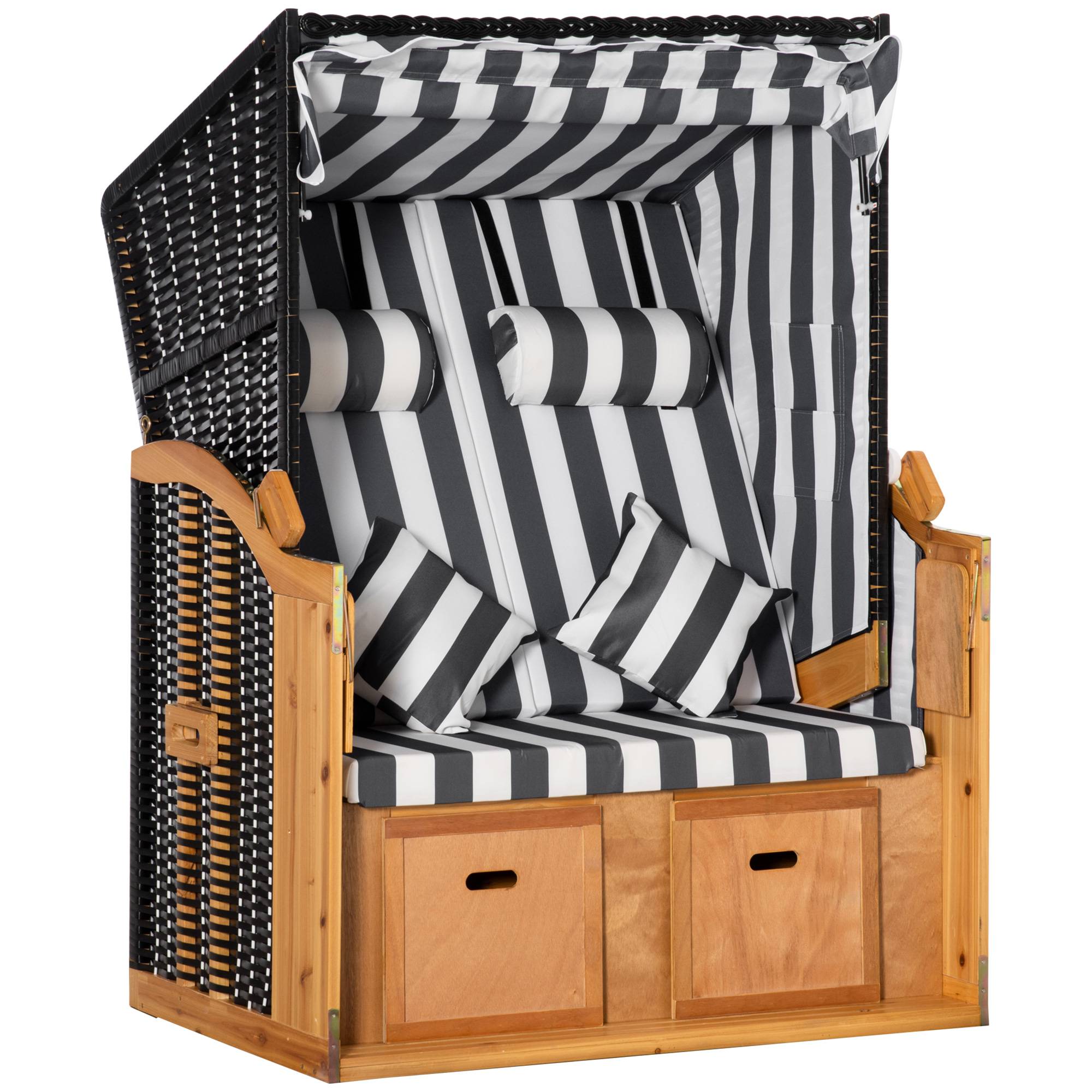 ComfortXL - Fauteuil de plage 2 places bois résine tressée gris blanc avec repose-pieds tables et dossier inclinable - Image 10