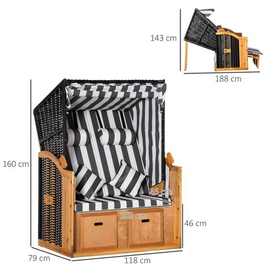 ComfortXL - Fauteuil de plage 2 places bois résine tressée gris blanc avec repose-pieds tables et dossier inclinable - Image 3