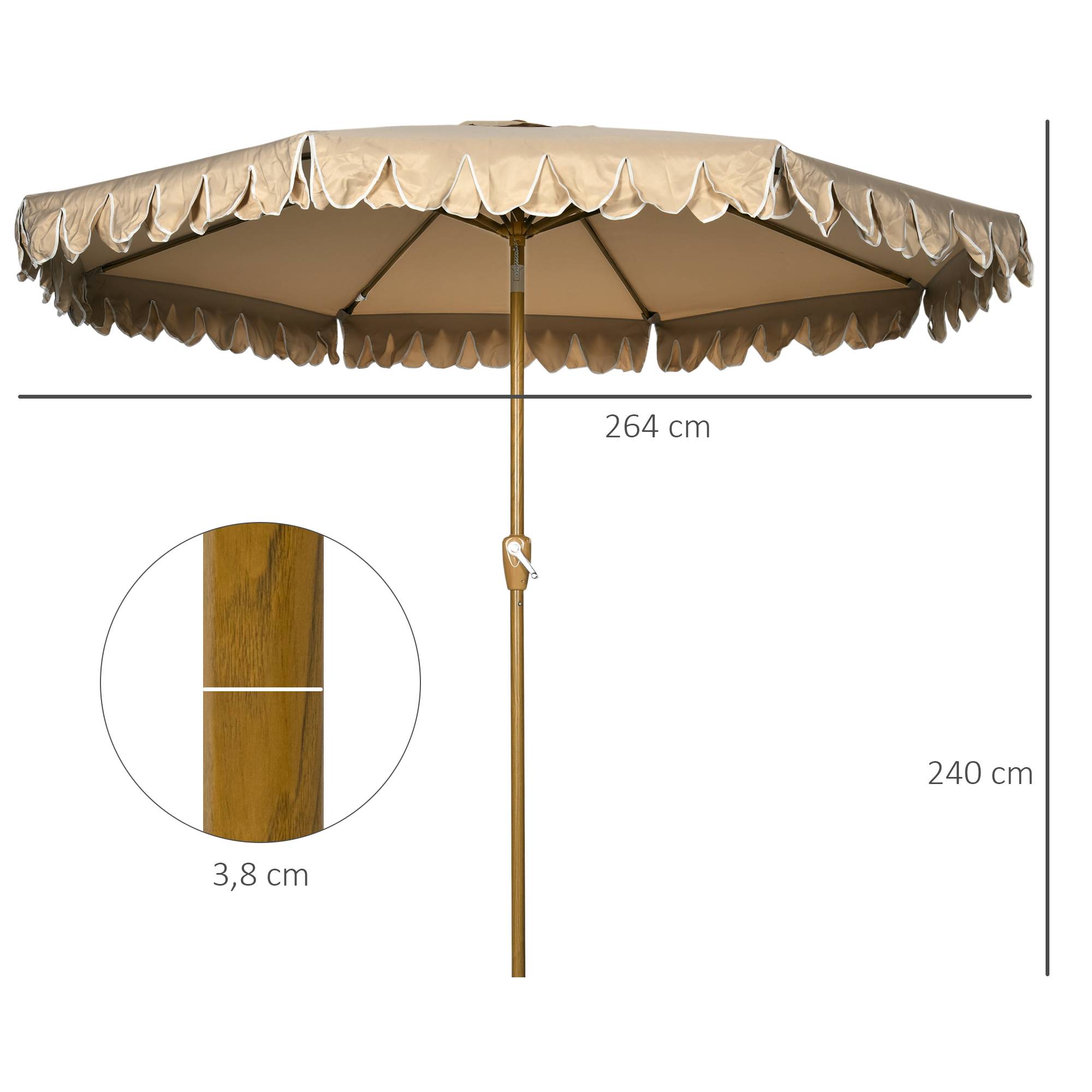 Outsunny - Parasol de jardin droit inclinable rond Ø264cm volants mât démontable 8 baleines tissu polyester haute dens. anti-UV beige - Outsunny - Image 3