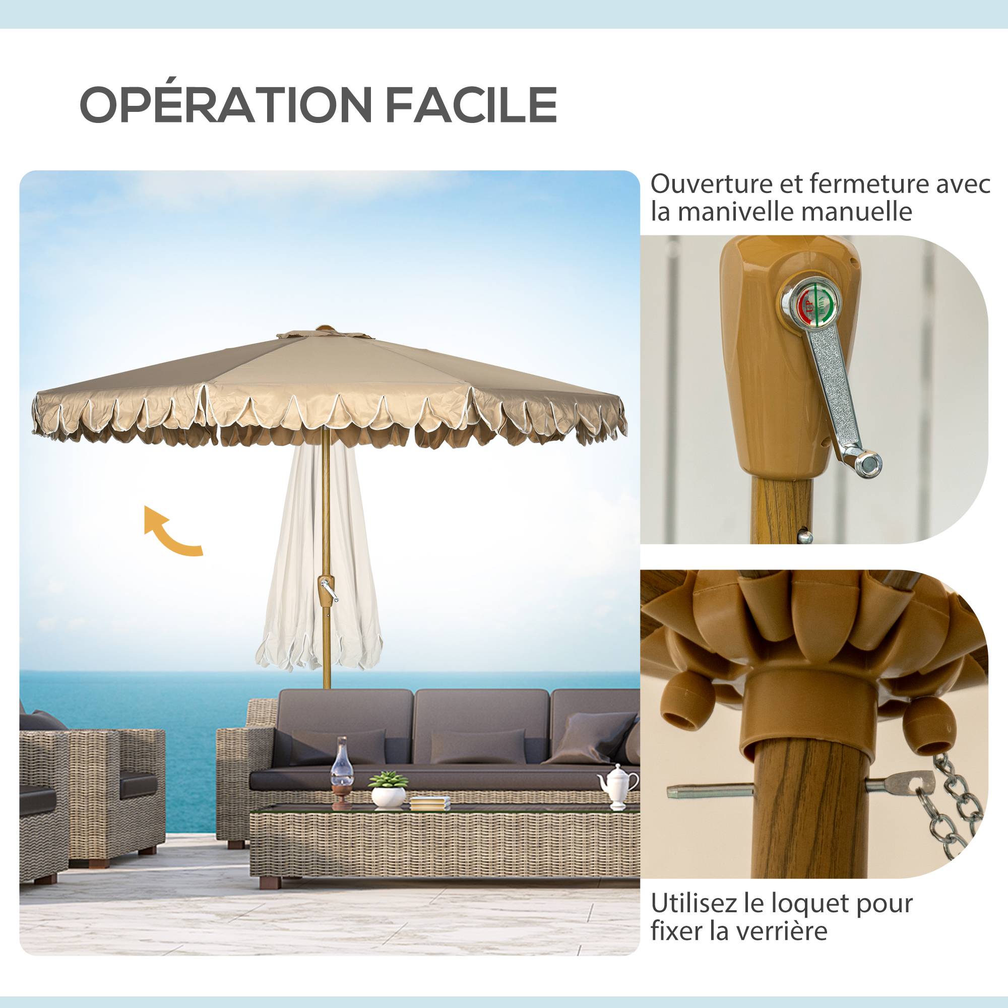 Outsunny - Parasol de jardin droit inclinable rond Ø264cm volants mât démontable 8 baleines tissu polyester haute dens. anti-UV beige - Outsunny - Image 5