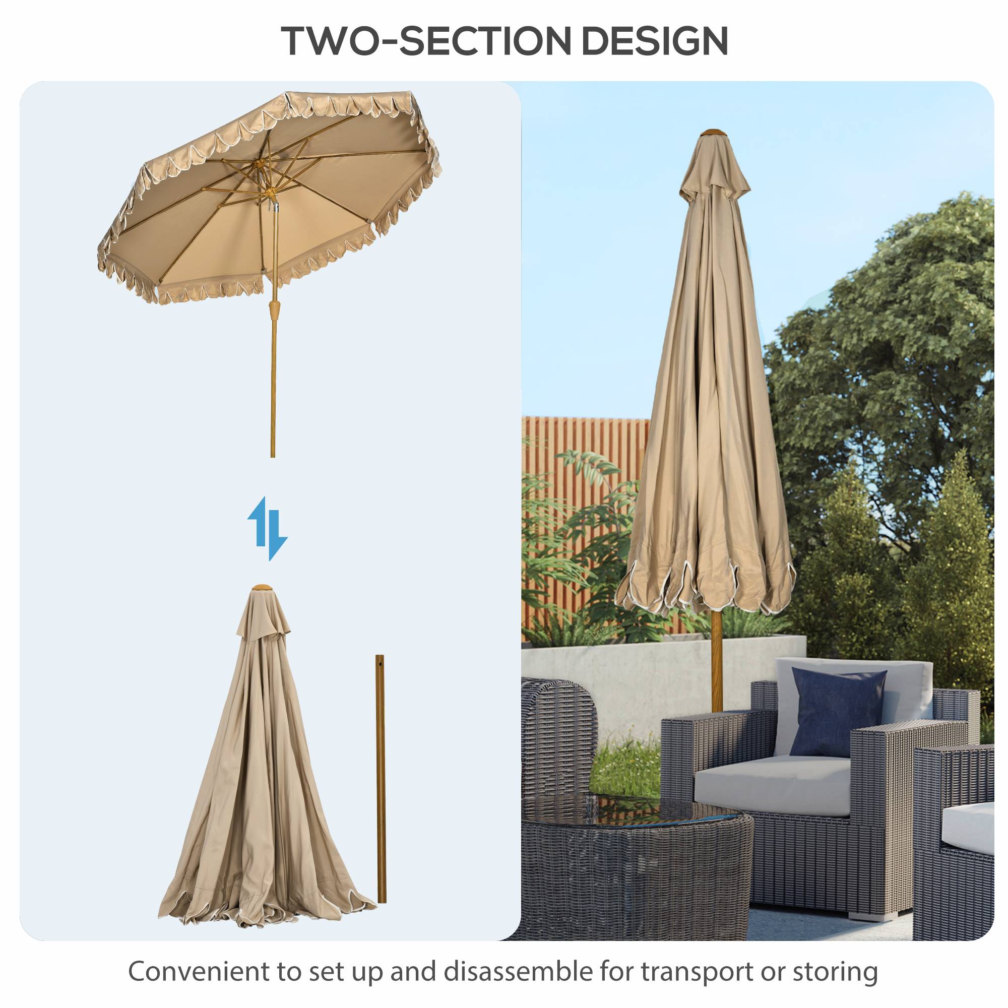 Outsunny - Parasol de jardin droit inclinable rond Ø264cm volants mât démontable 8 baleines tissu polyester haute dens. anti-UV beige - Outsunny - Image 8