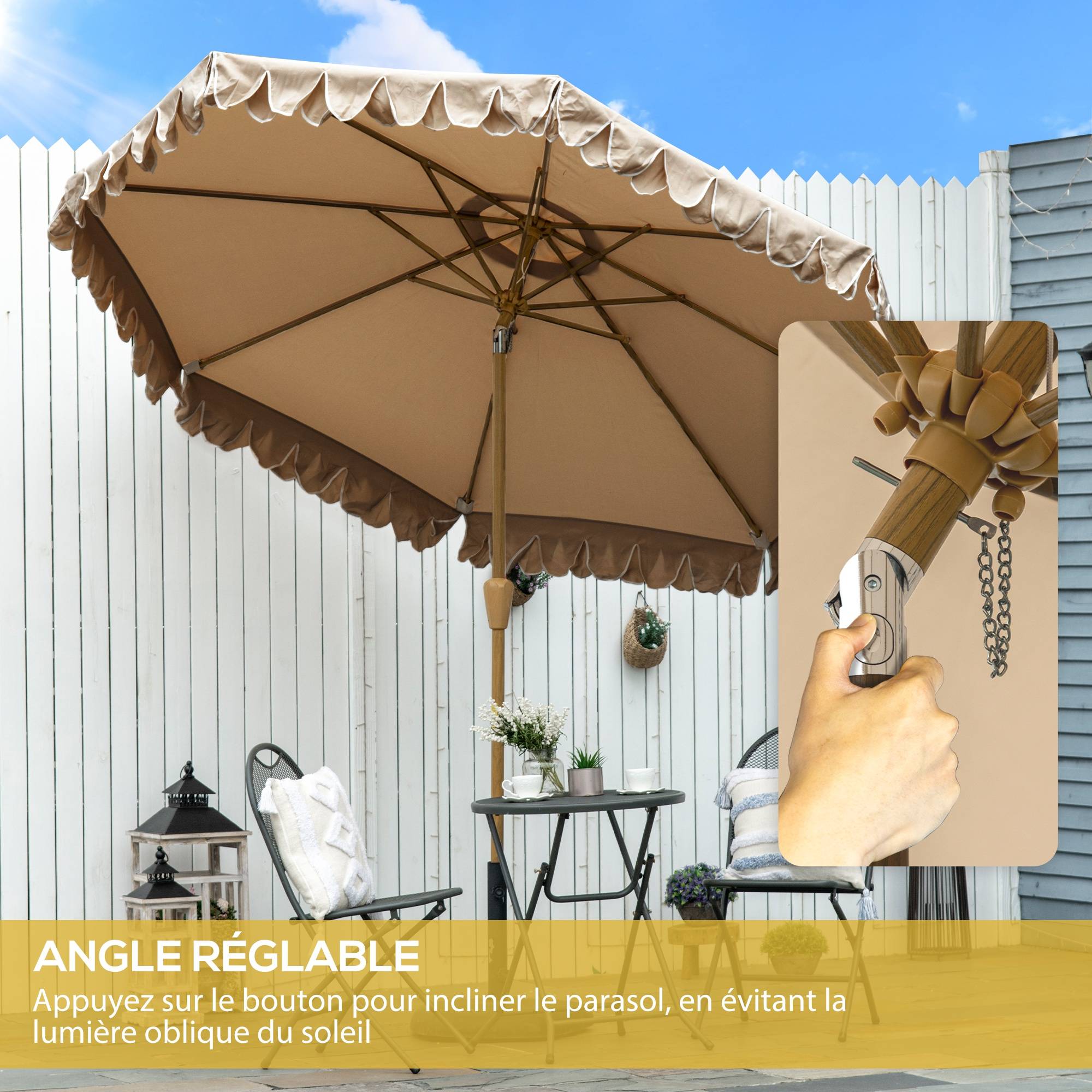Outsunny - Parasol de jardin droit inclinable rond Ø264cm volants mât démontable 8 baleines tissu polyester haute dens. anti-UV beige - Outsunny - Image 4