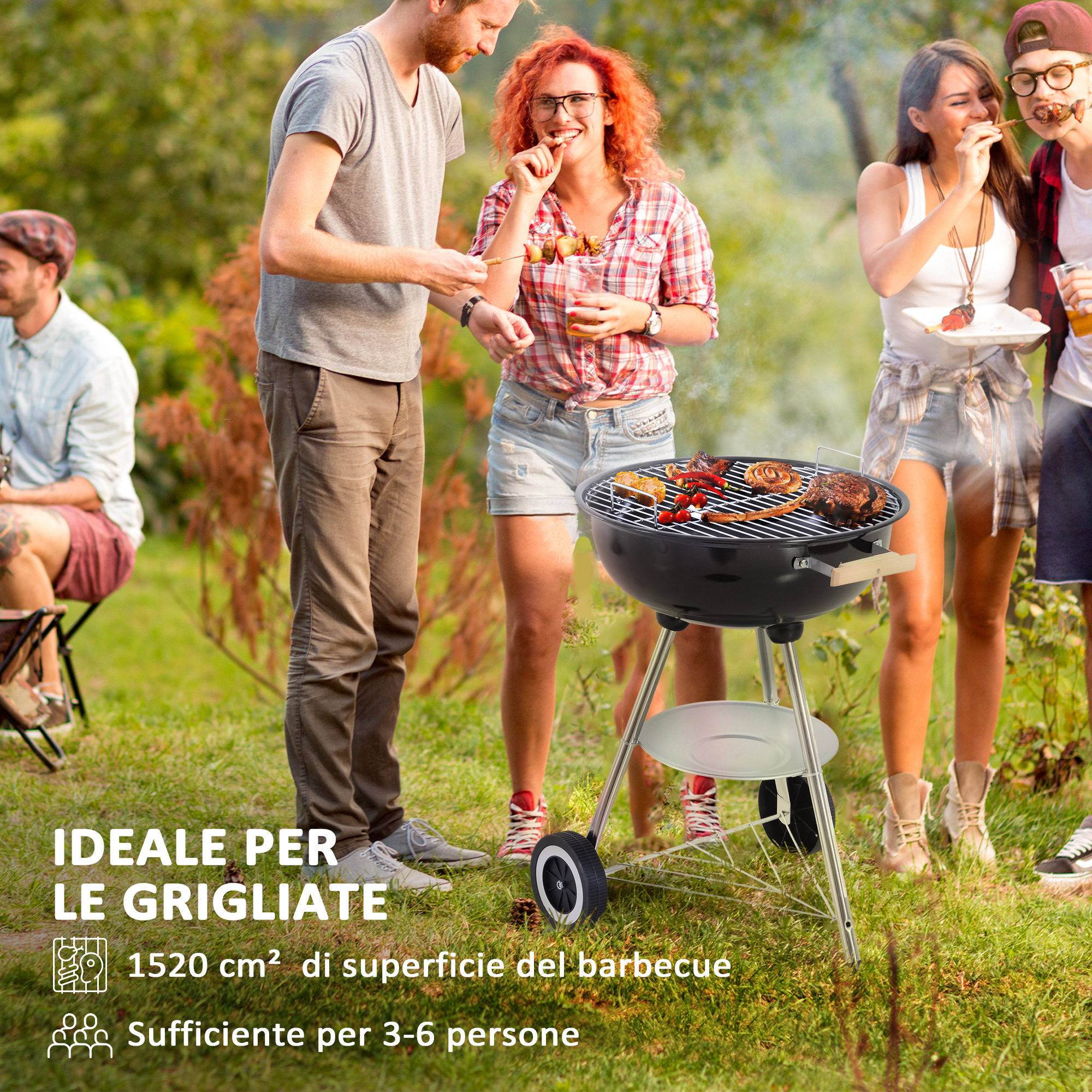 Barbecue au charbon de bois avec grille en acier, couvercle, aérations et roues, noir - Image 6