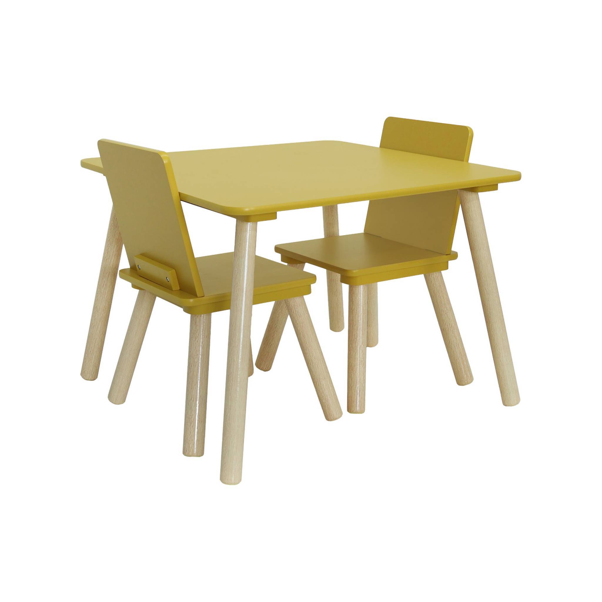 sweeek - Table carrée enfant bois de pin 2 assises jaune - Judith | sweeek - Image 3