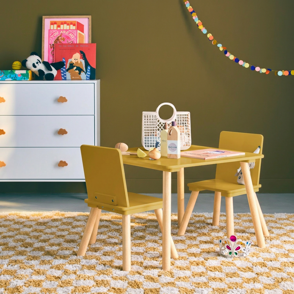 sweeek - Table carrée enfant bois de pin 2 assises jaune - Judith | sweeek - Image 1