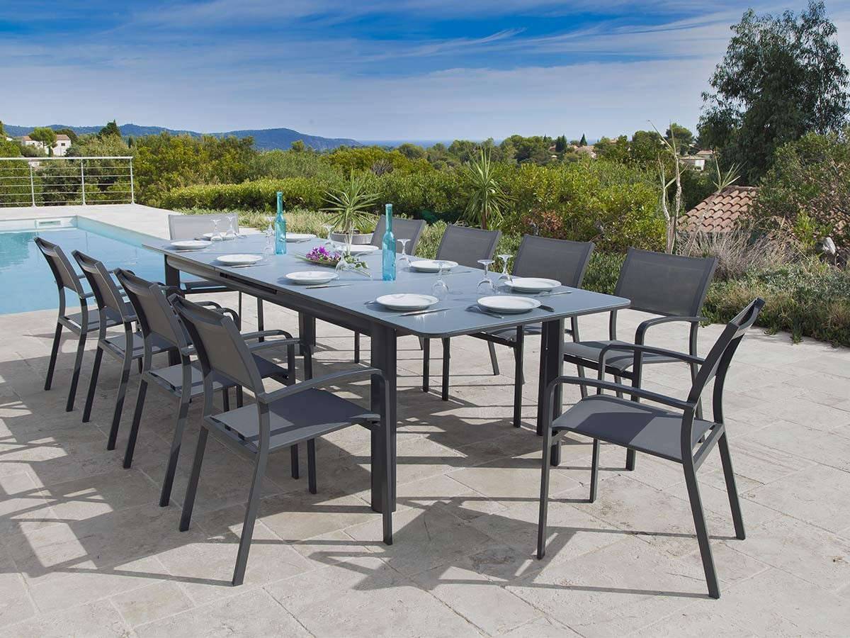Table de jardin rectangulaire extensible en aluminium Milos Anthracite 10/12 places + 12 chaises - Jardiline - Imagen 2