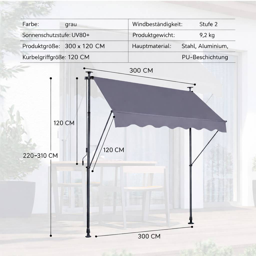ComfortXL - Store banne sans perçage aluminium pour balcon terrasse réglable anti-UV 300x120cm gris - ComfortXL Outdoor Living - Image 3