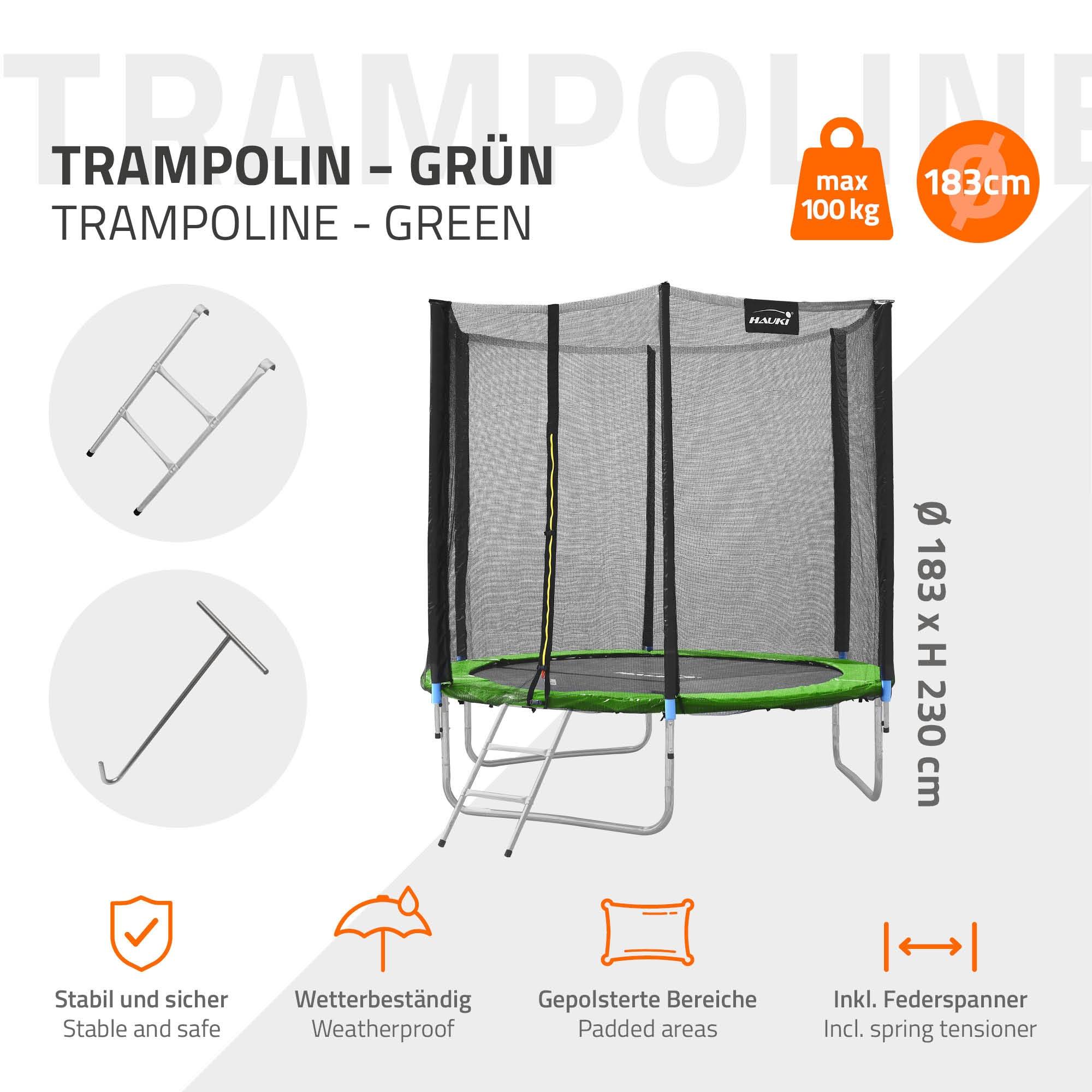 Trampoline de jardin avec filet de sécurité et échelle set complet vert Ø 183 cm - Imagen 3