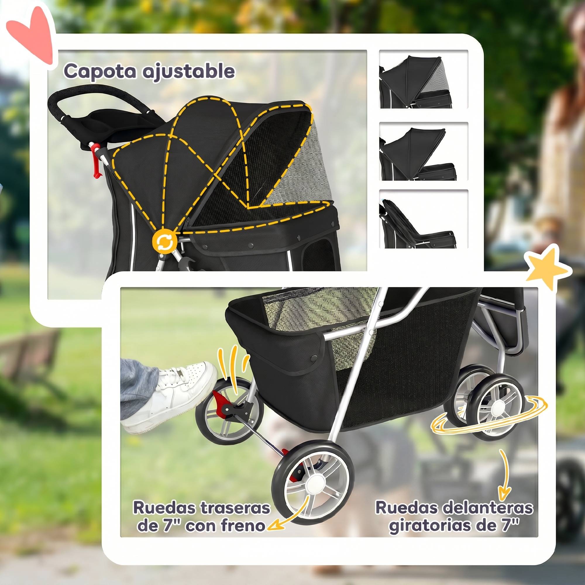 Poussette pour petit chien avec panier de rangement, fenêtres en filet et ceinture de sécurité, 77 x 44 x 102 cm, noire - Image 8