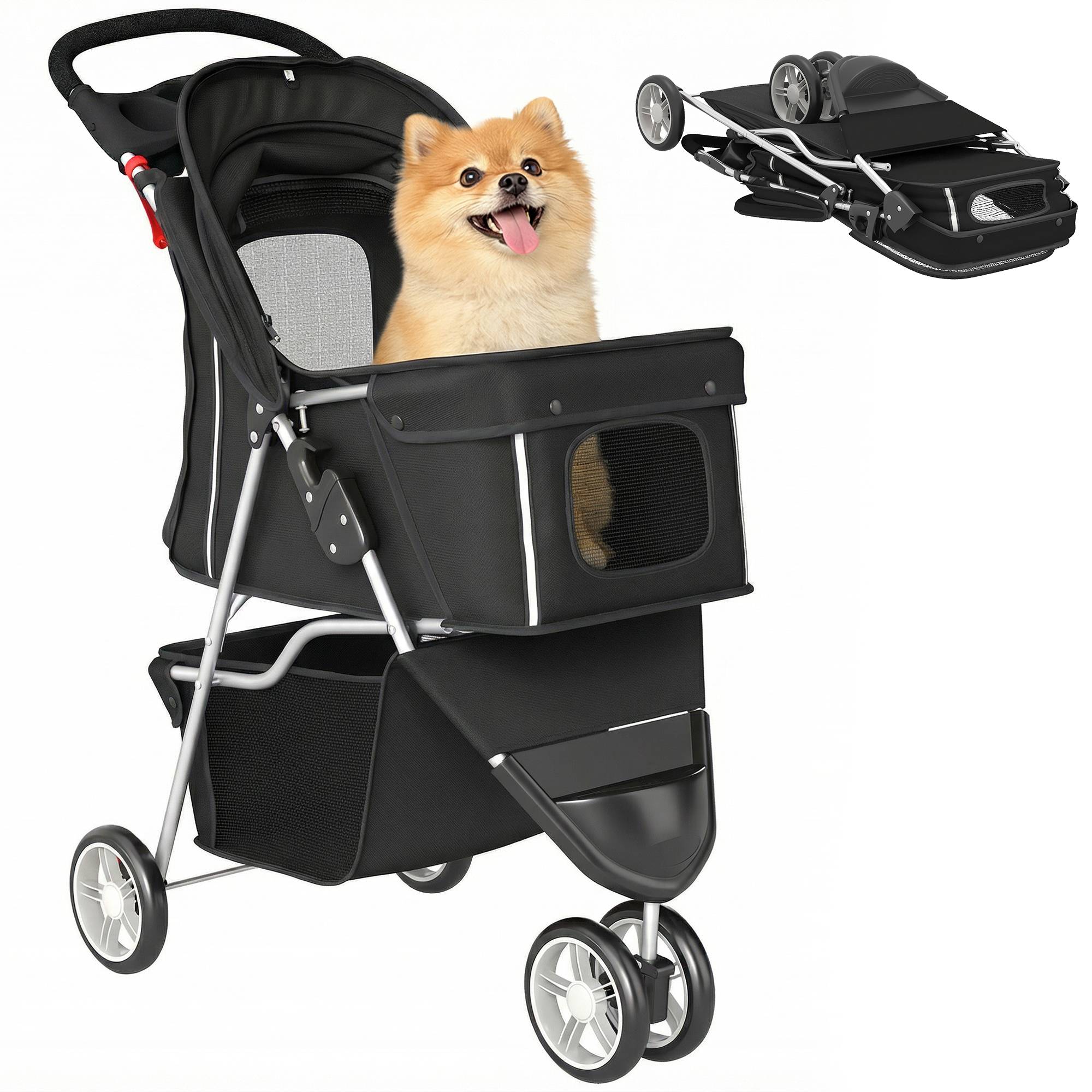 Poussette pour petit chien avec panier de rangement, fenêtres en filet et ceinture de sécurité, 77 x 44 x 102 cm, noire - Image 1