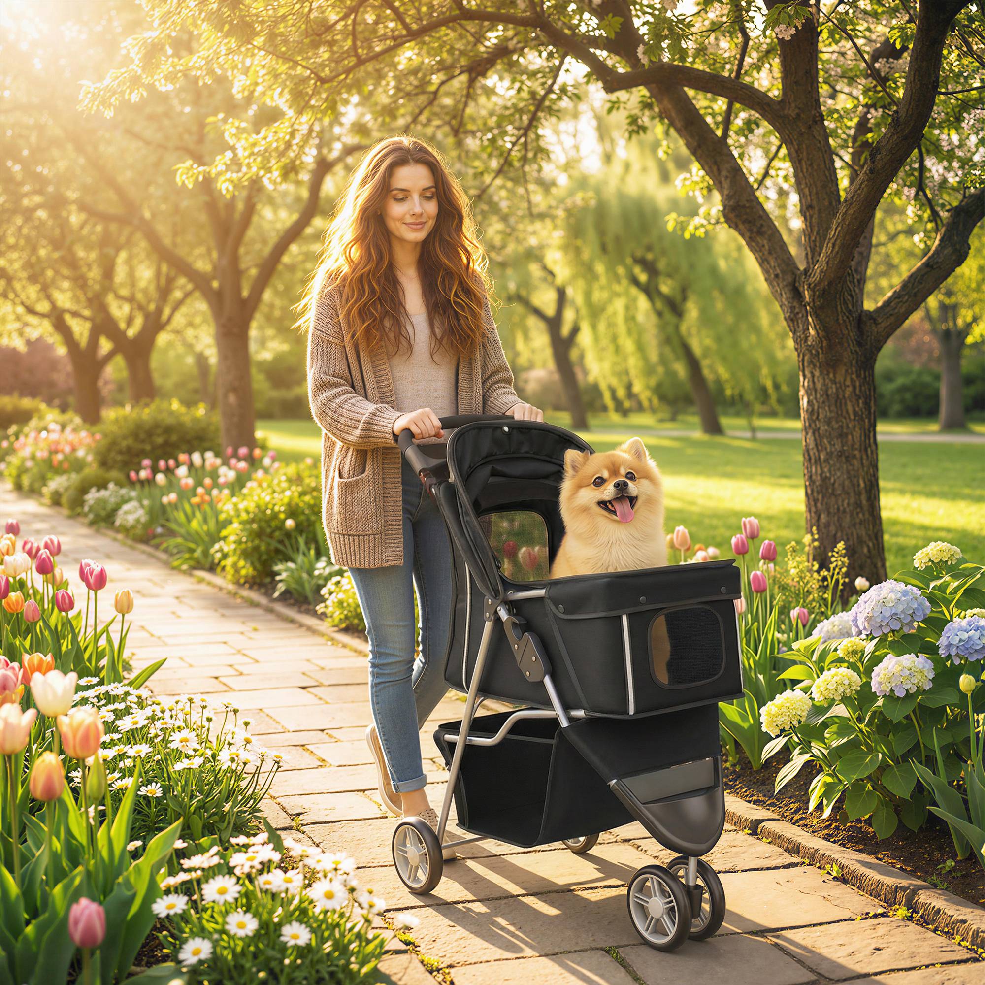 Poussette pour petit chien avec panier de rangement, fenêtres en filet et ceinture de sécurité, 77 x 44 x 102 cm, noire - Image 3