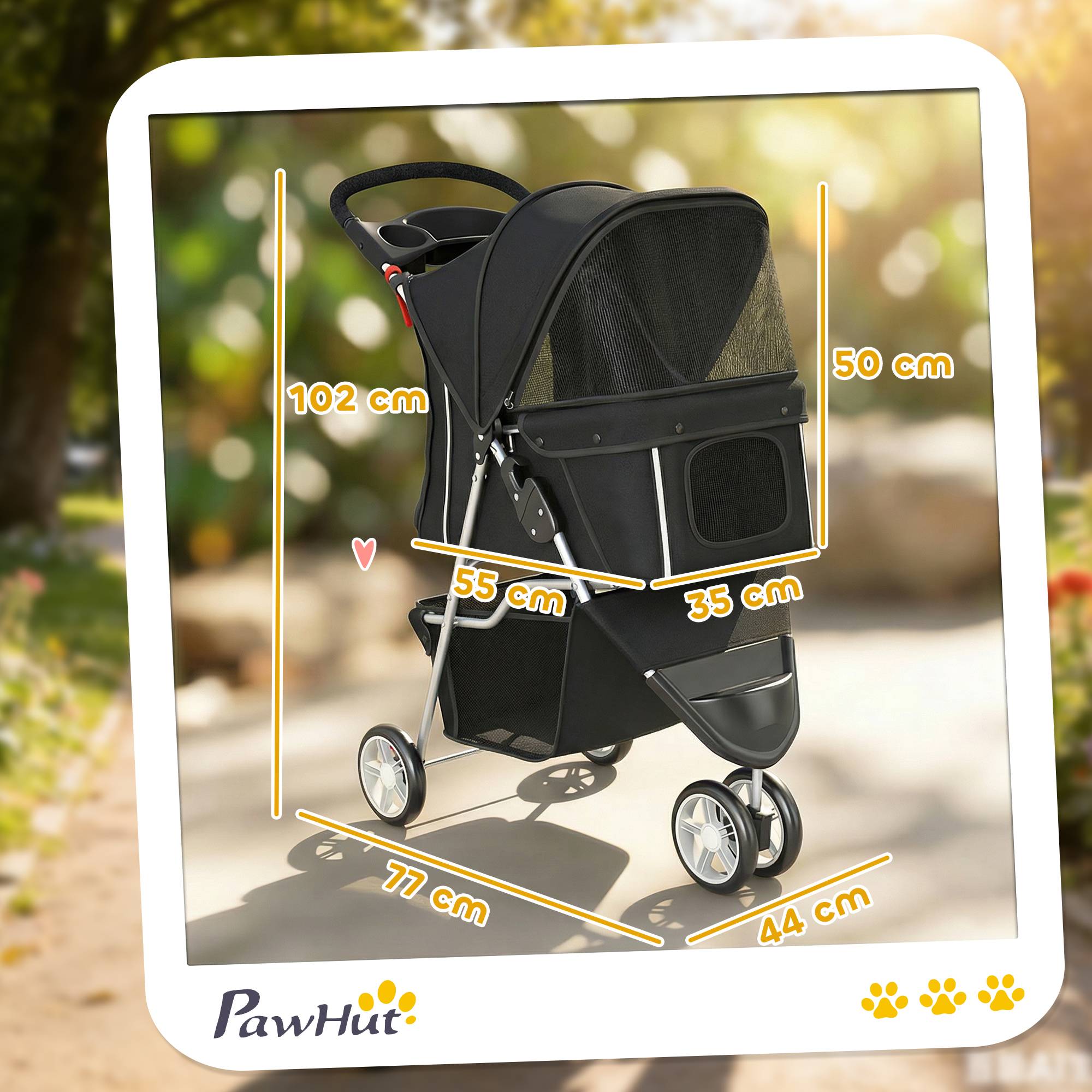 Poussette pour petit chien avec panier de rangement, fenêtres en filet et ceinture de sécurité, 77 x 44 x 102 cm, noire - Image 5