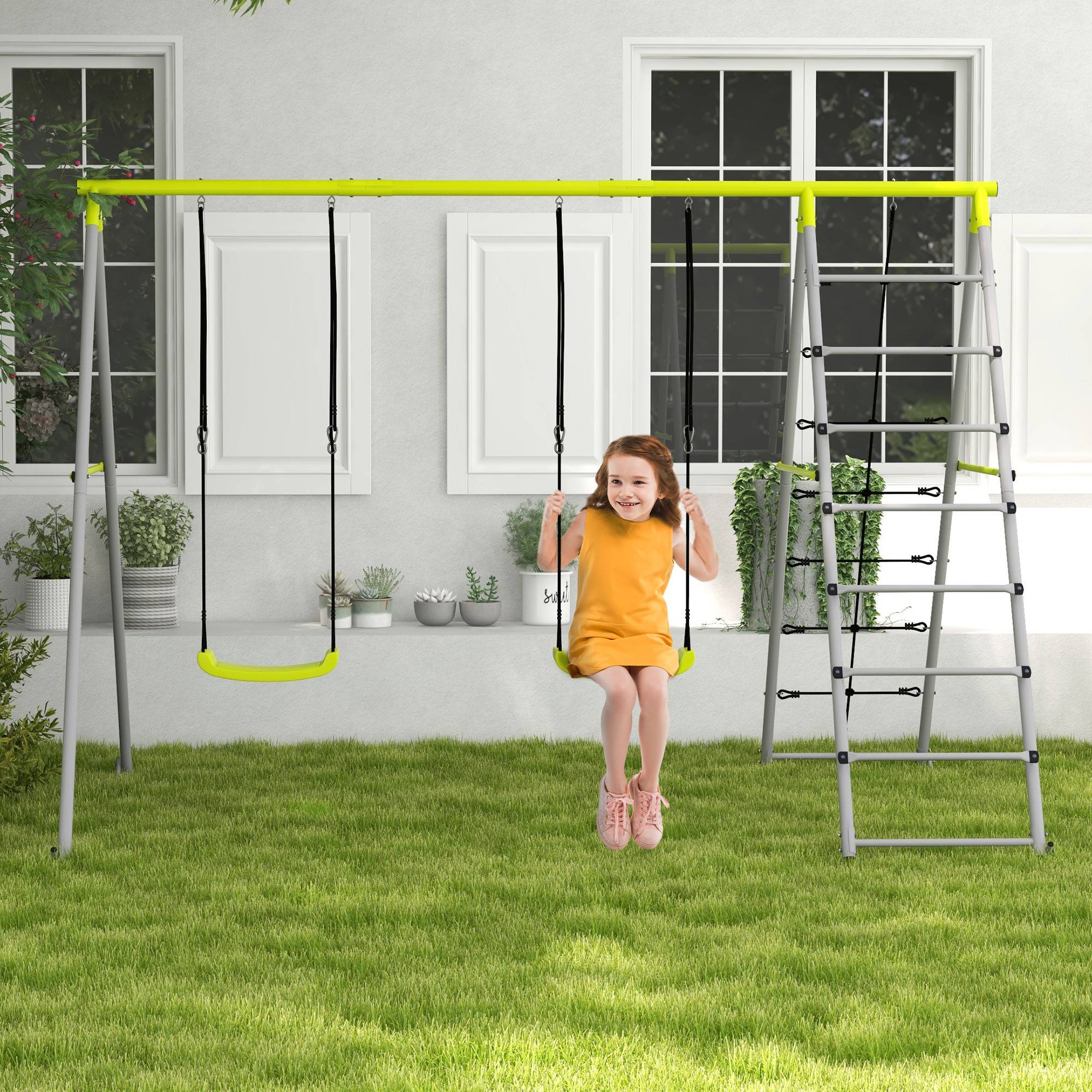 Outsunny - Balançoire portique 4 agrès - 2 balançoires, 2 échelles - dim. 2,6L x 1,85l x 1,8H m - métal époxy PE gris vert - Outsunny - Imagen 2