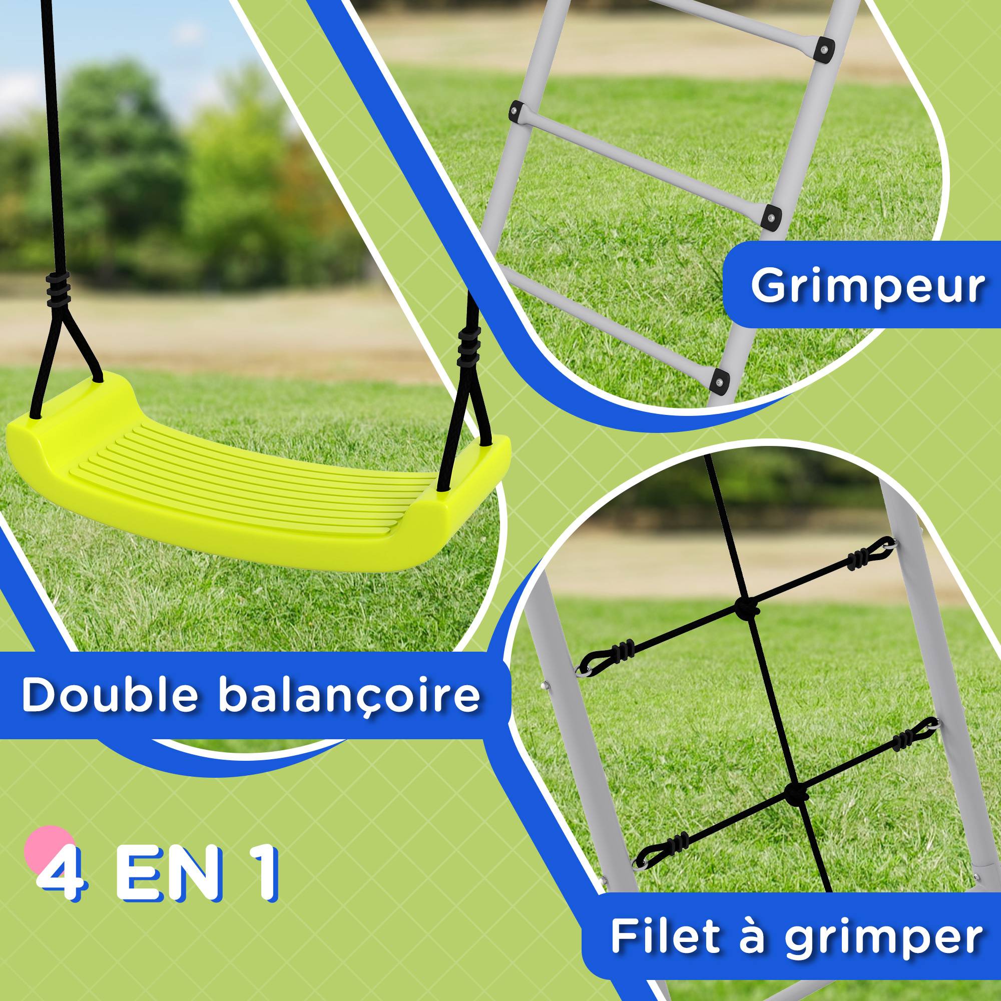 Outsunny - Balançoire portique 4 agrès - 2 balançoires, 2 échelles - dim. 2,6L x 1,85l x 1,8H m - métal époxy PE gris vert - Outsunny - Imagen 4