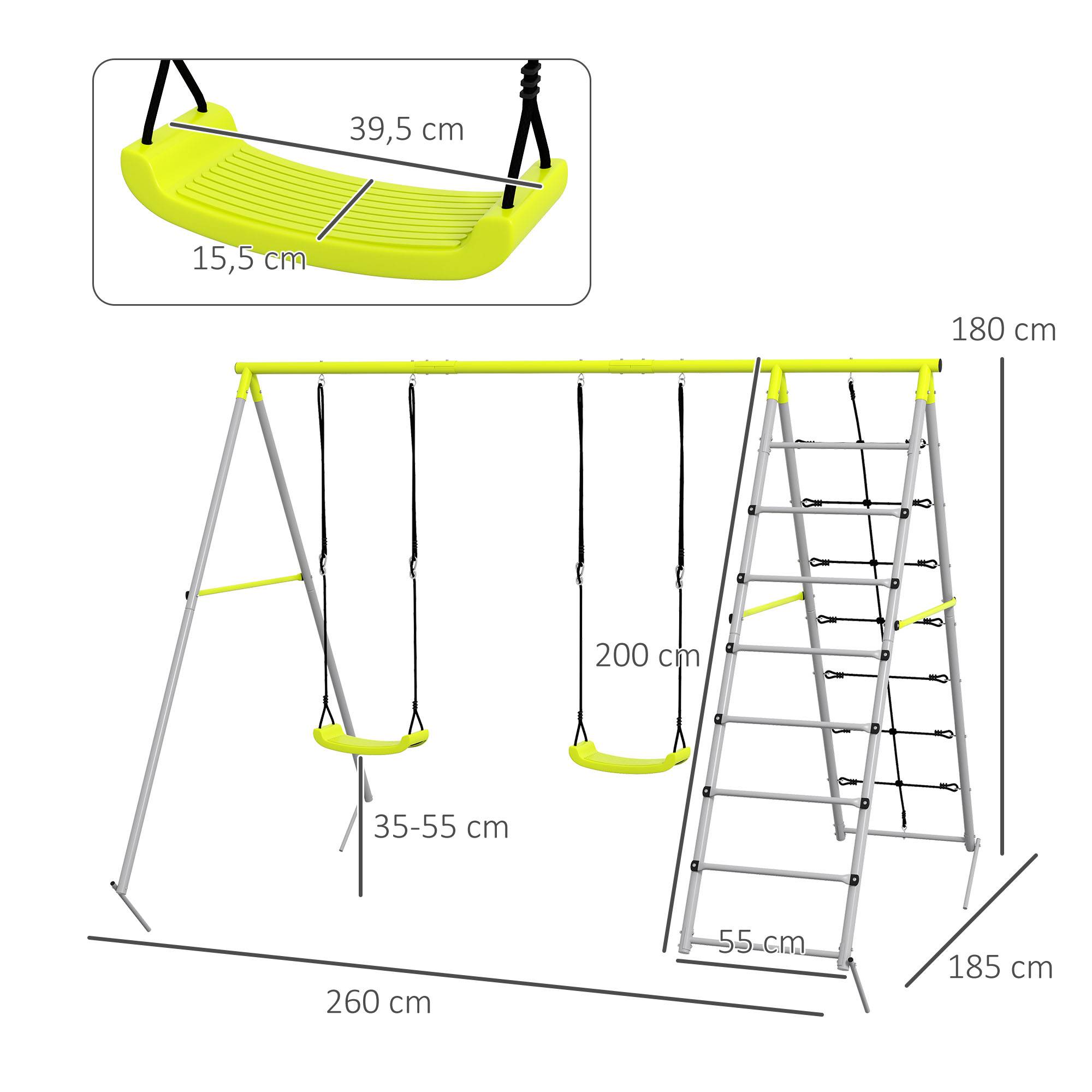 Outsunny - Balançoire portique 4 agrès - 2 balançoires, 2 échelles - dim. 2,6L x 1,85l x 1,8H m - métal époxy PE gris vert - Outsunny - Imagen 3