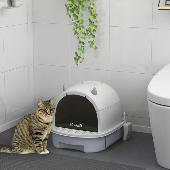Maison de Toilette pour Chat Design Fermé Anti-Odeur avec Filtre à Charbon et Pelle 52x40,5x39 cm Blanc/Gris - ComfortXL Outdoor Living - Image 4