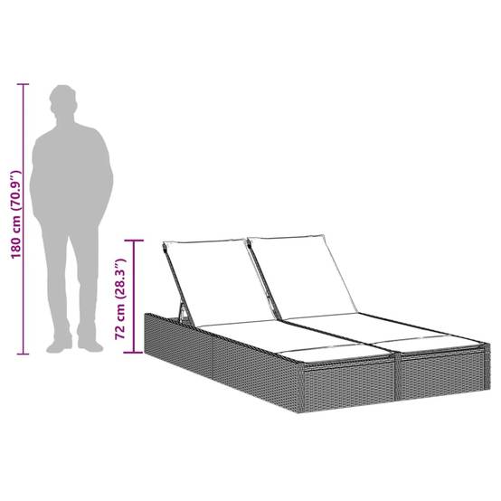 Chaise longue double avec coussins en polyrotin noir 123 x 200 x 28/46/61/72 cm - PANGIVO - Image 9