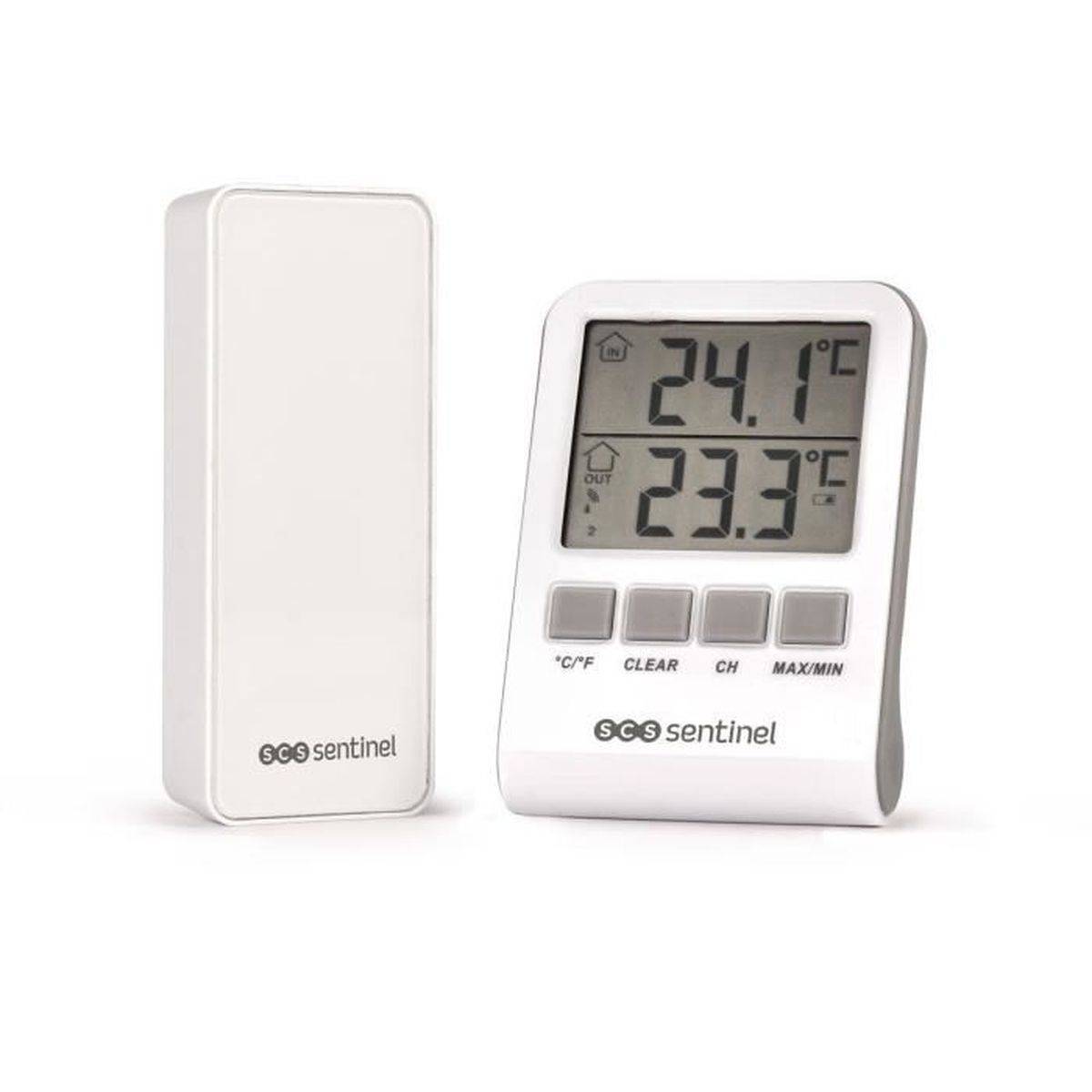 Thermomètre numérique sans fil intérieur extérieur avec sonde, écran multi-lignes, 433 MHz, portée 60 m - SCS SENTINEL