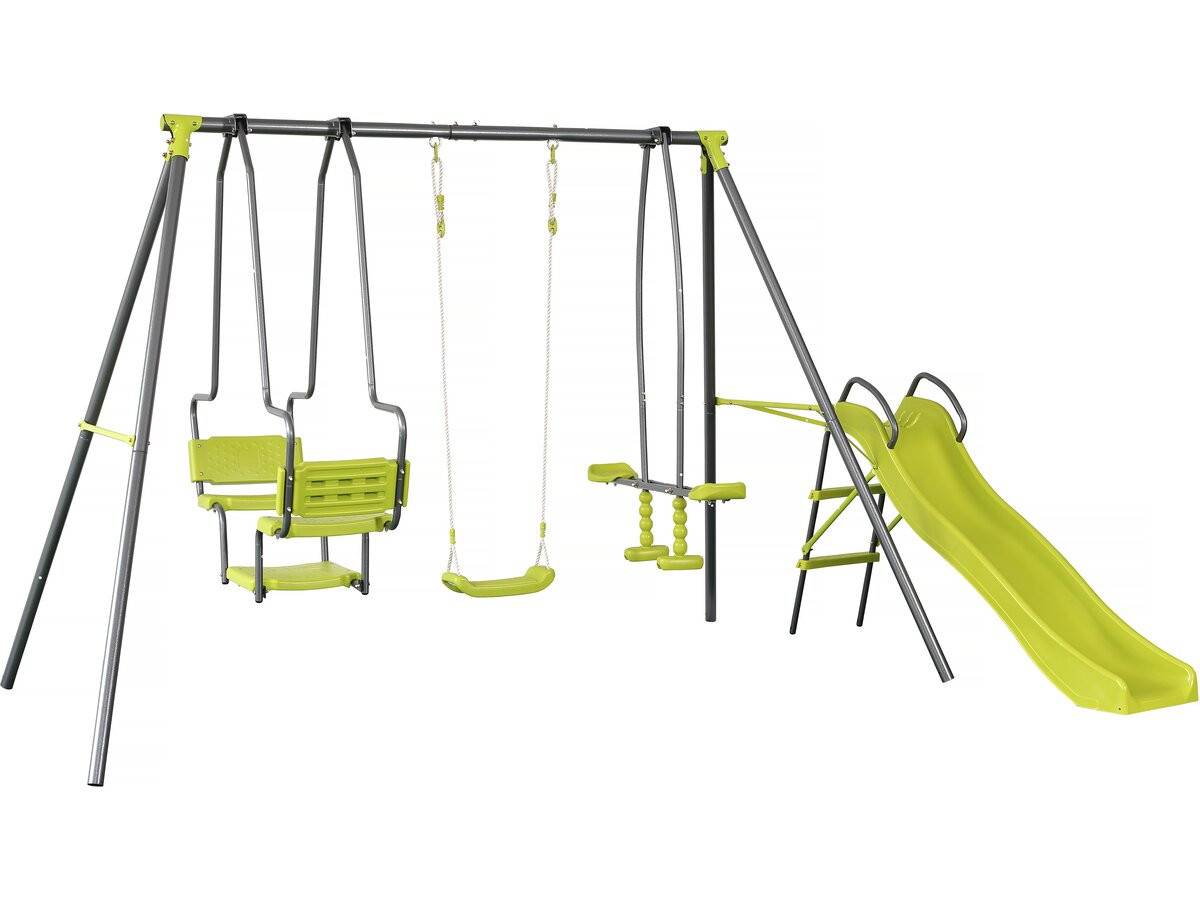 Portique En Métal Avec Toboggan "ludo Ii" Avec 4 Agrès - Vert -habitat Et Jardin