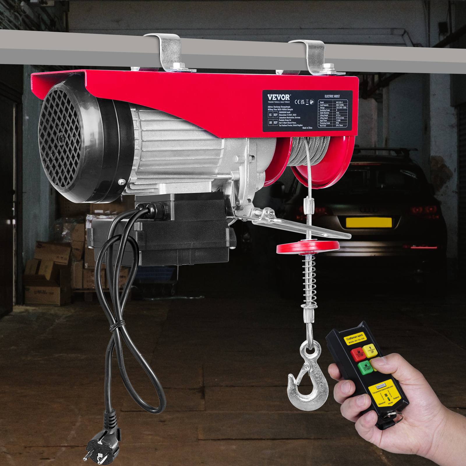 VEVOR Treuil à câble électrique 600 kg, palan avec télécommande sans fil 1150W, 10 m/min, ht. 12m. - Image 8