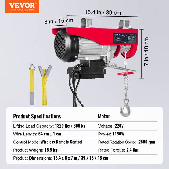 VEVOR Treuil à câble électrique 600 kg, palan avec télécommande sans fil 1150W, 10 m/min, ht. 12m. - Image 7