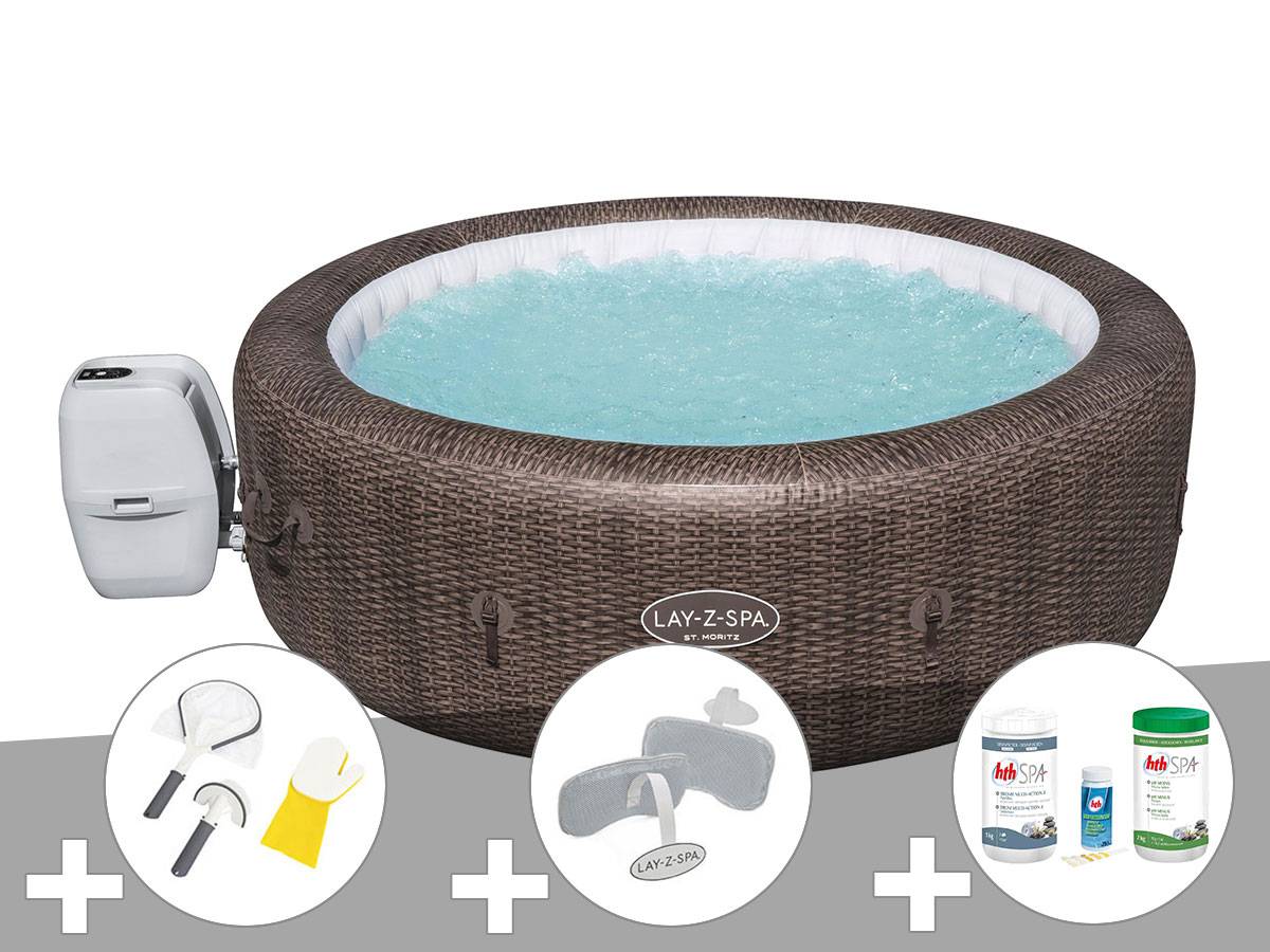Bestway - Kit spa gonflable Bestway Lay-Z-Spa St Moritz rond Airjet 5/7 places + Kit traitement brome + 2 appuie-têtes + Kit de nettoyage