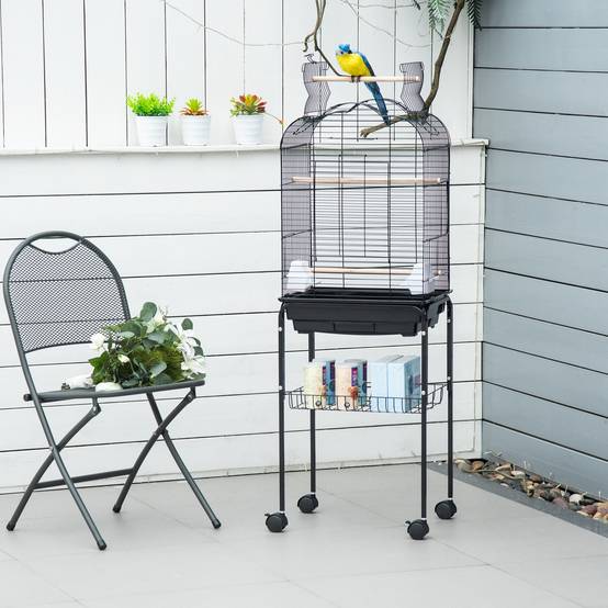 Cage à oiseaux volière pour oiseaux sur roulettes avec toit ouvrant 3 perchoirs étagère inférieure 46 x 36 x 130 cm noir - Image 4