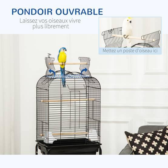 Cage à oiseaux volière pour oiseaux sur roulettes avec toit ouvrant 3 perchoirs étagère inférieure 46 x 36 x 130 cm noir - Image 7