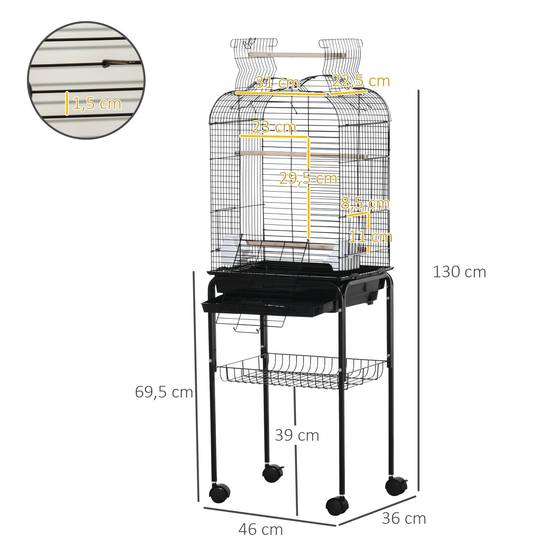 Cage à oiseaux volière pour oiseaux sur roulettes avec toit ouvrant 3 perchoirs étagère inférieure 46 x 36 x 130 cm noir - Image 5