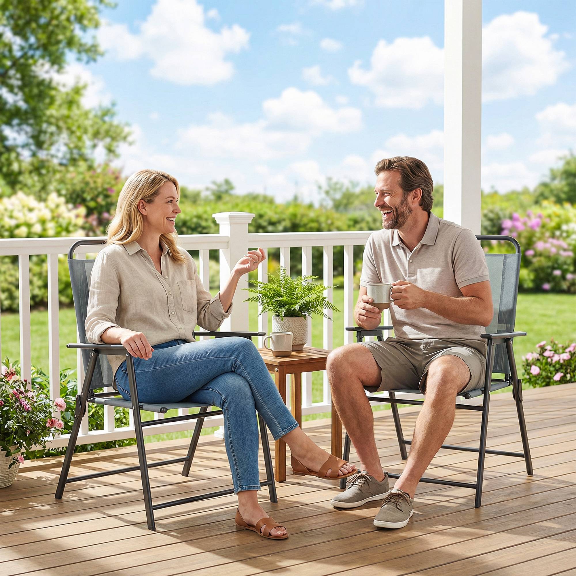 Lot de 2 chaises de jardin pliantes acier textilène aménagement terrasse gris 65cm - ComfortXL Outdoor Living - Image 4
