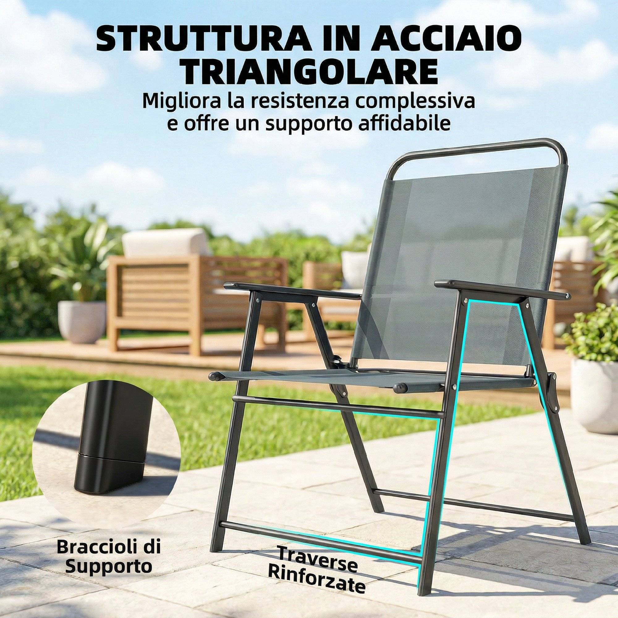 Lot de 2 chaises de jardin pliantes acier textilène aménagement terrasse gris 65cm - ComfortXL Outdoor Living - Image 10